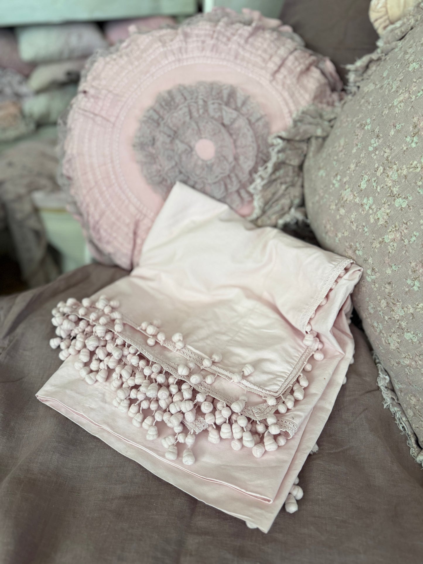 Antique Pink Bobble Pelmet Curtain