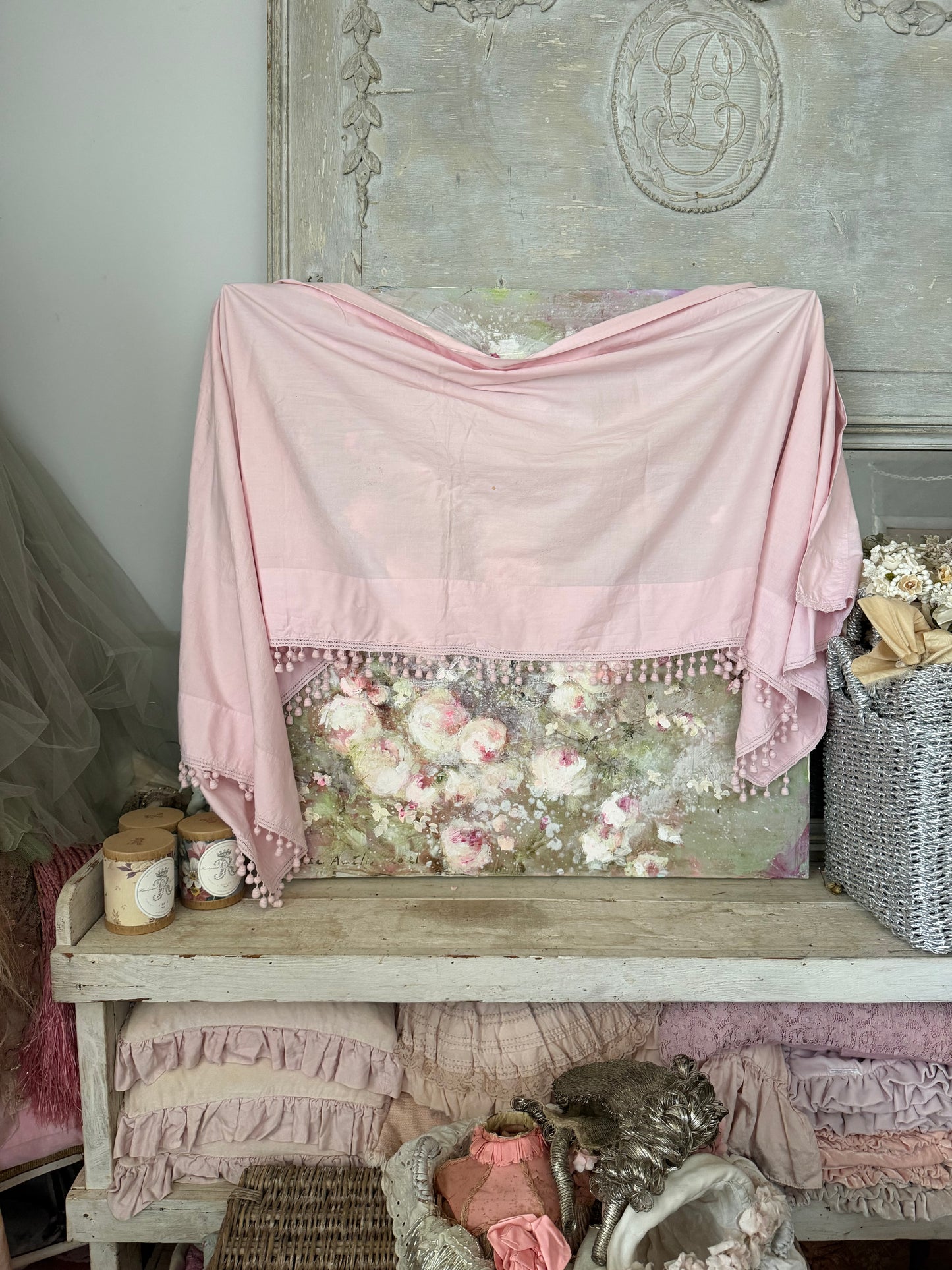 Antique Pink Bobble Pelmet Curtain