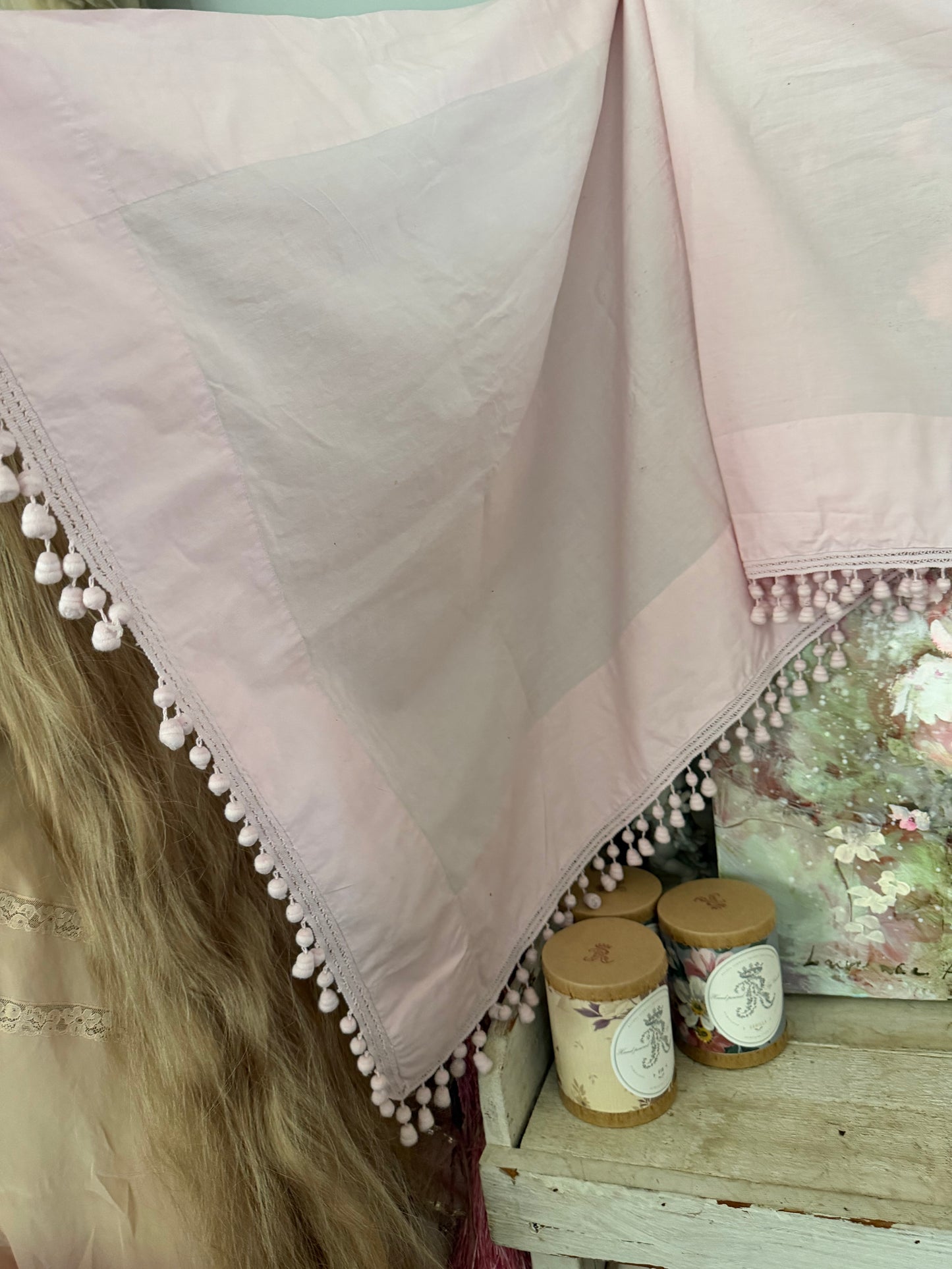 Antique Pink Bobble Pelmet Curtain