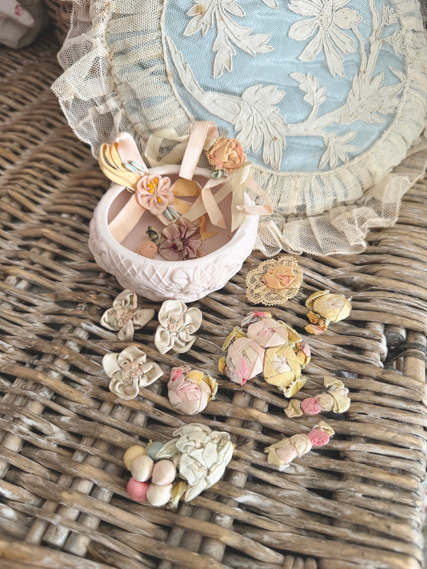 Large Collection Antique Silk Ribbonwork in Bisque Rose Trinket Box