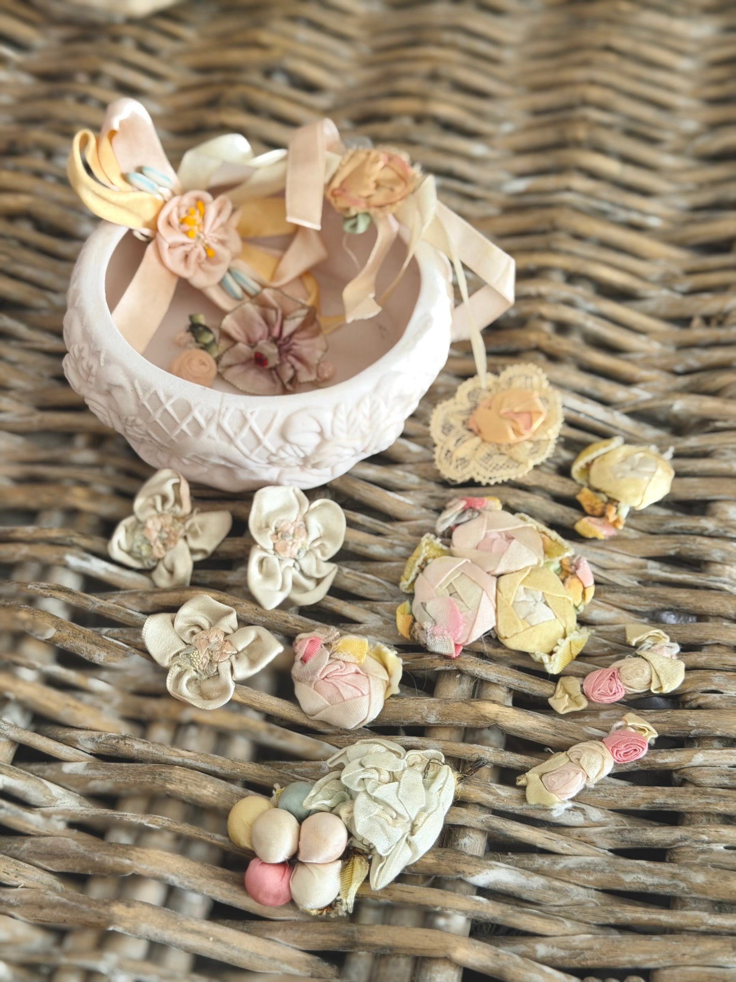 Large Collection Antique Silk Ribbonwork in Bisque Rose Trinket Box
