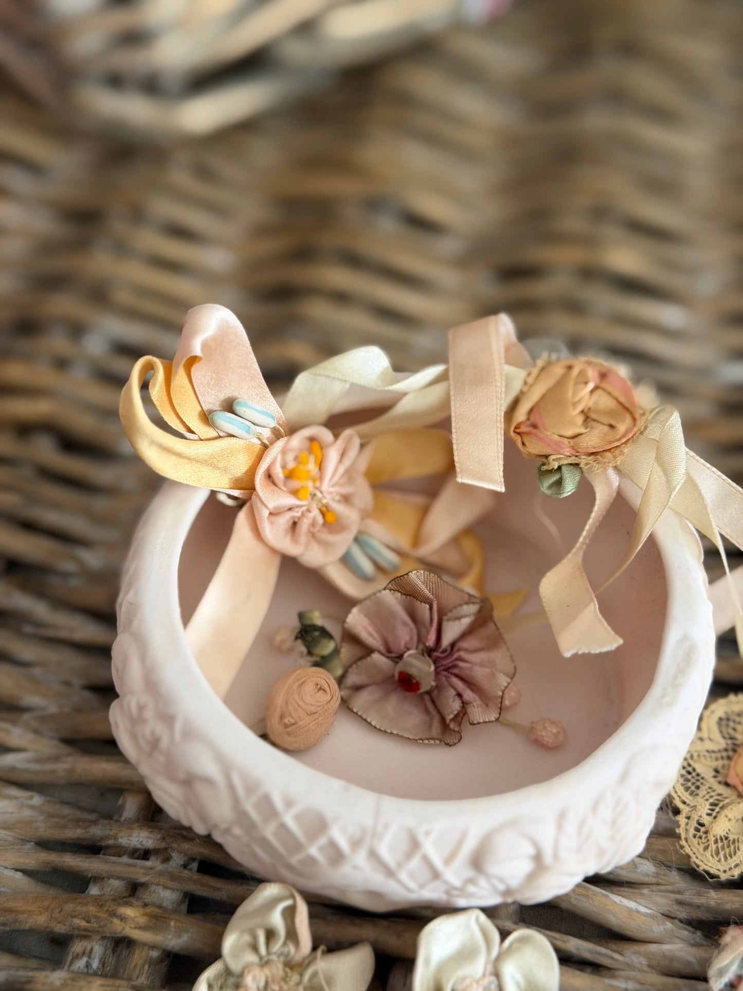 Large Collection Antique Silk Ribbonwork in Bisque Rose Trinket Box