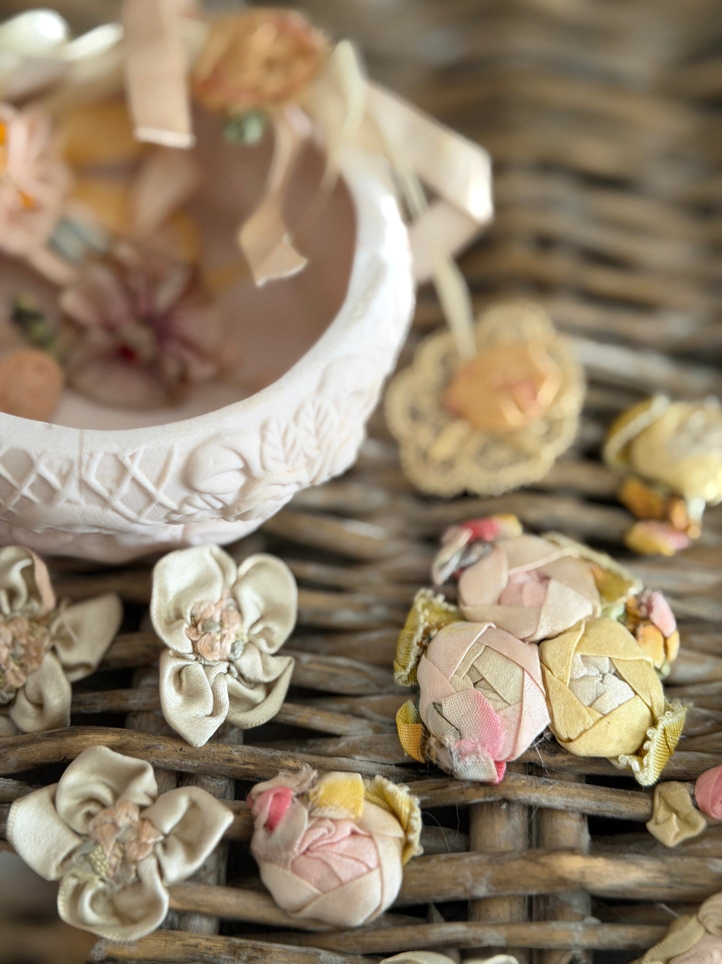 Large Collection Antique Silk Ribbonwork in Bisque Rose Trinket Box