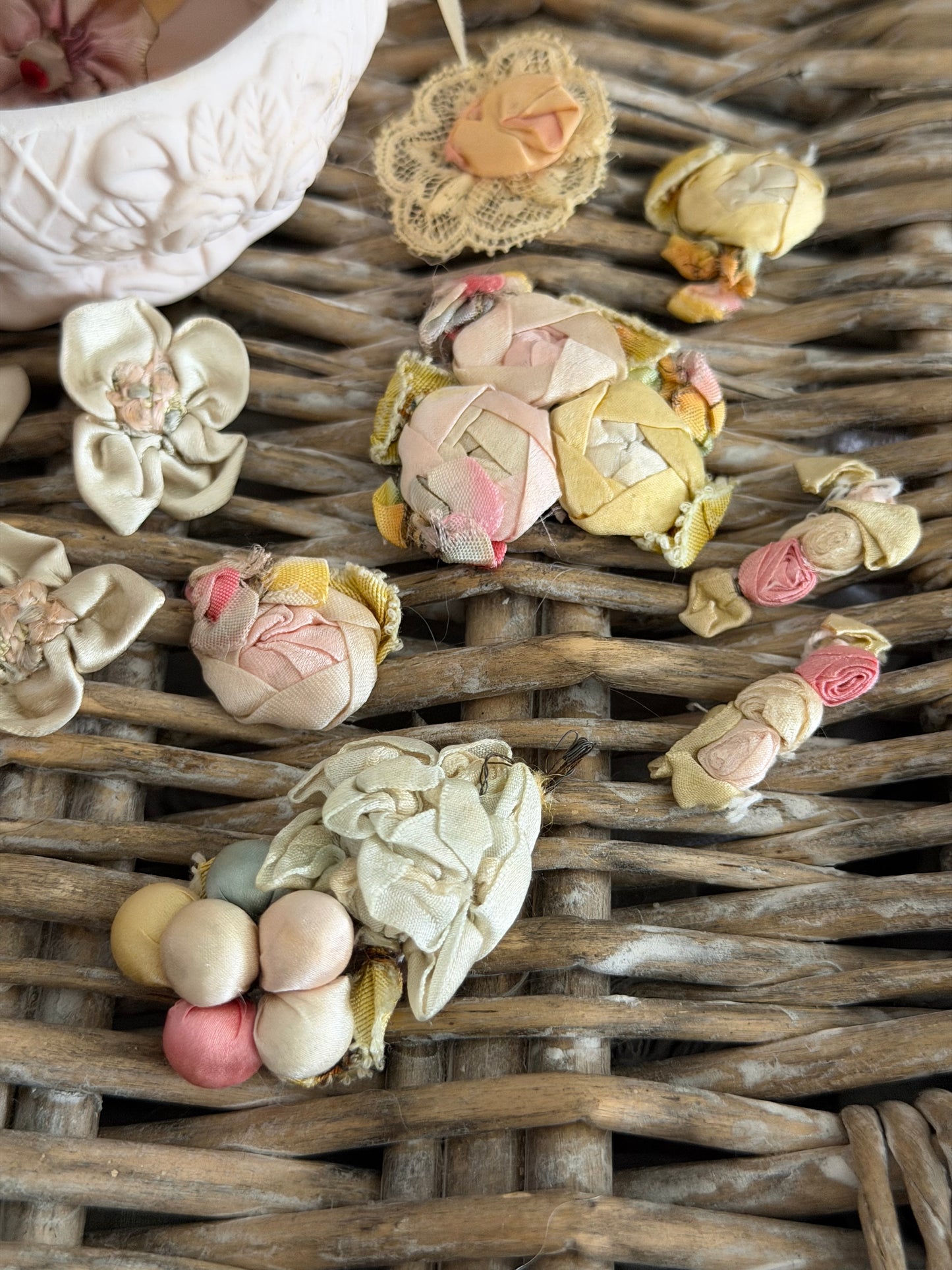 Large Collection Antique Silk Ribbonwork in Bisque Rose Trinket Box