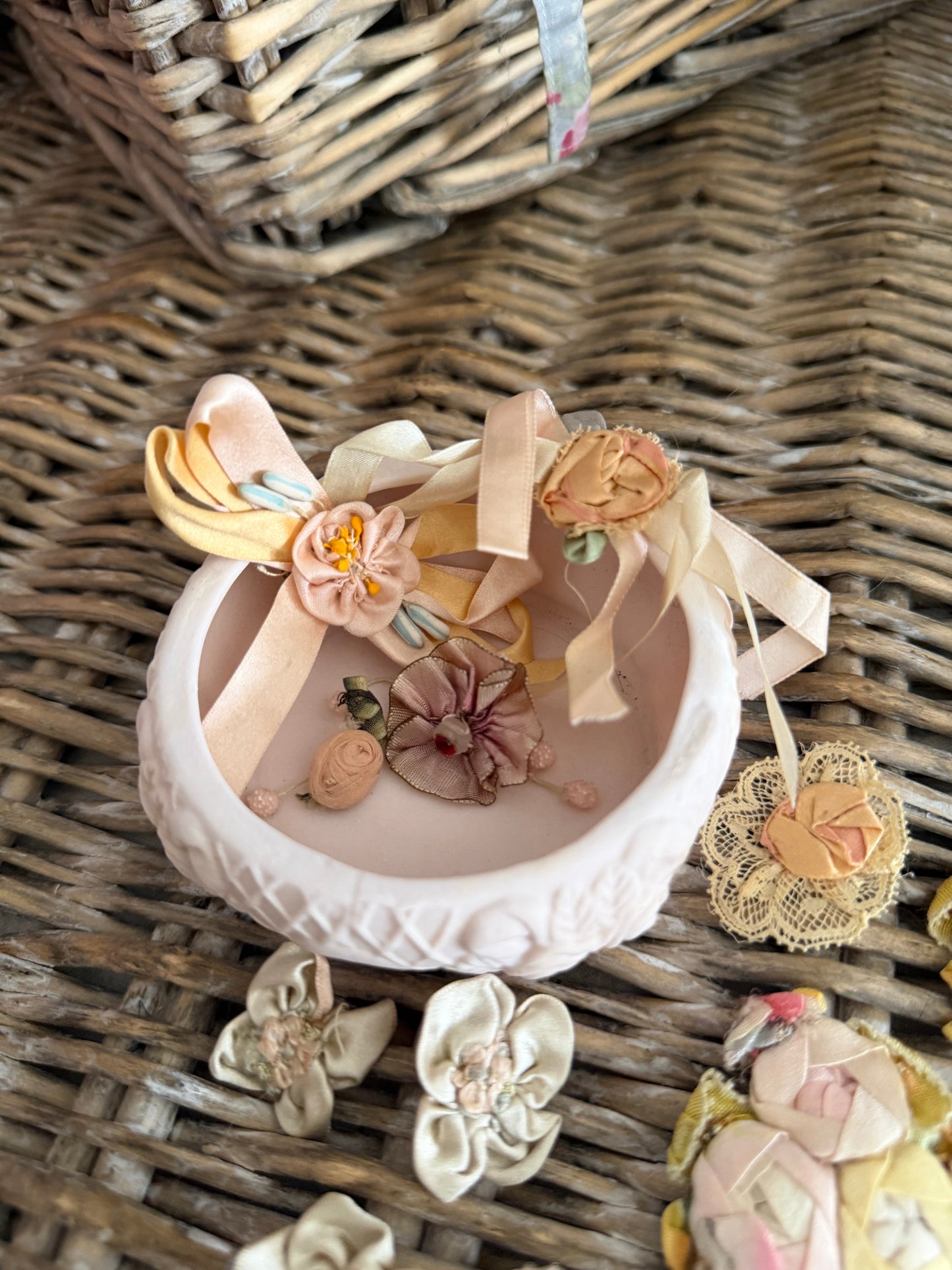Large Collection Antique Silk Ribbonwork in Bisque Rose Trinket Box
