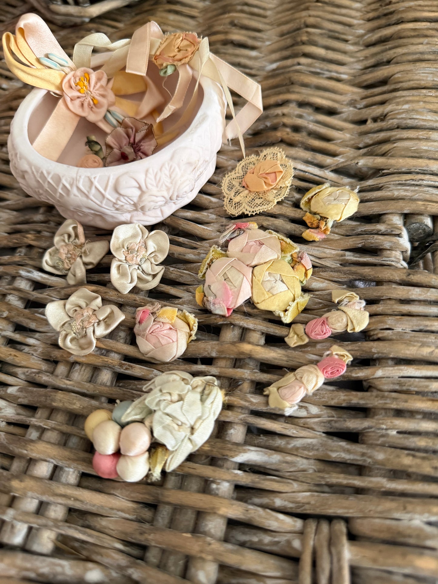 Large Collection Antique Silk Ribbonwork in Bisque Rose Trinket Box
