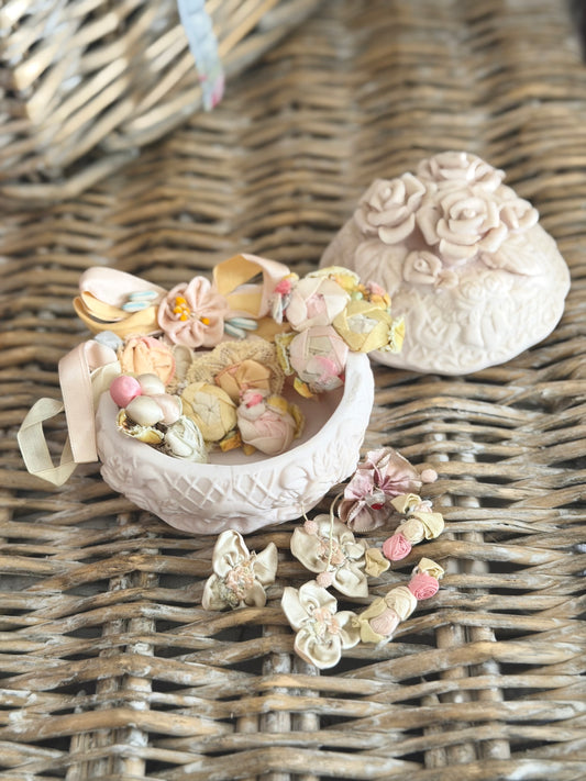 Large Collection Antique Silk Ribbonwork in Bisque Rose Trinket Box