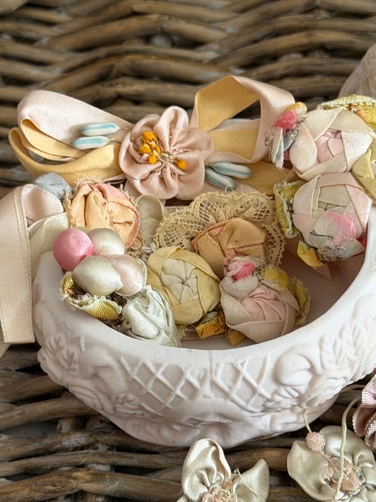 Large Collection Antique Silk Ribbonwork in Bisque Rose Trinket Box