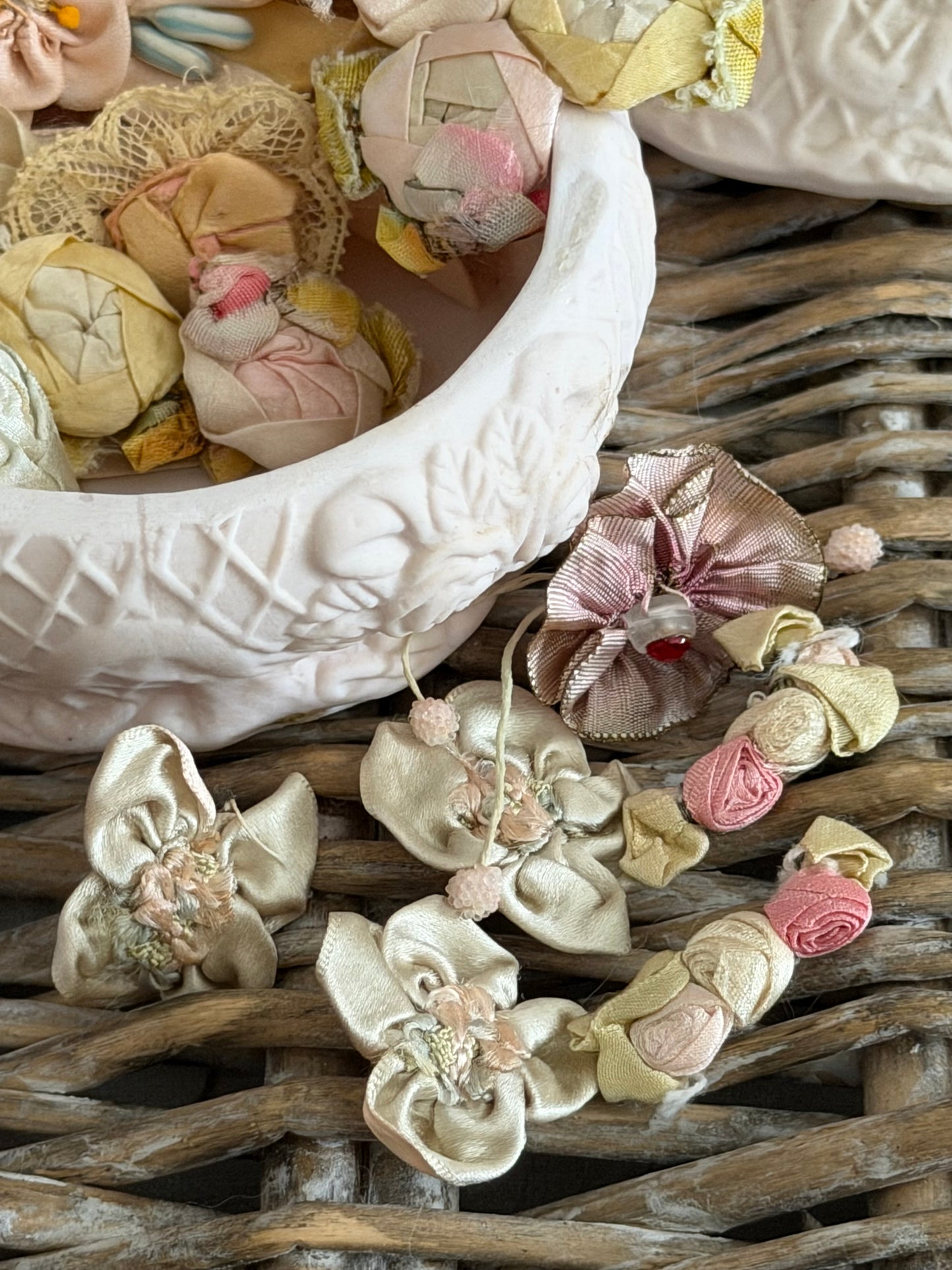 Large Collection Antique Silk Ribbonwork in Bisque Rose Trinket Box