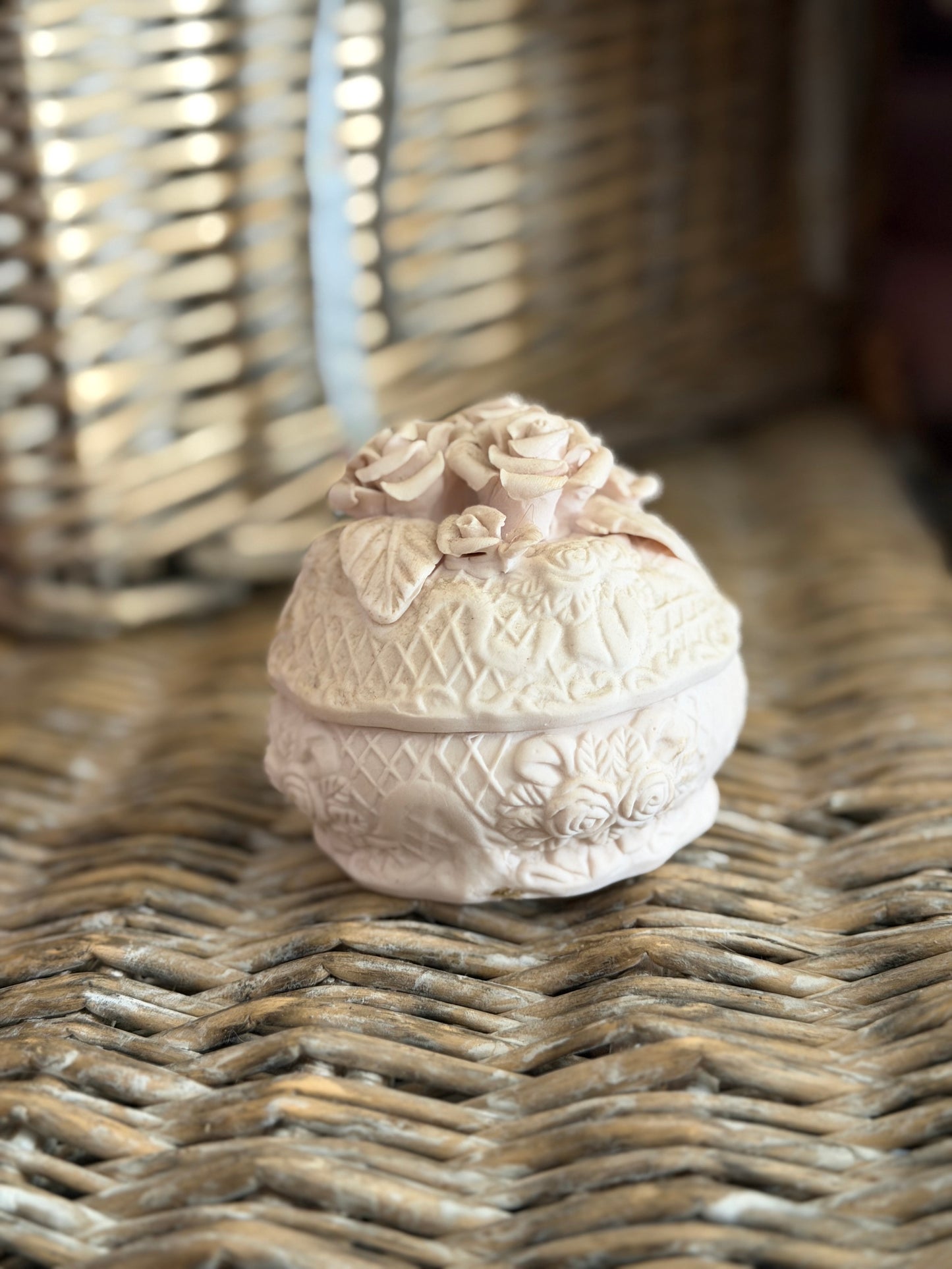 Large Collection Antique Silk Ribbonwork in Bisque Rose Trinket Box