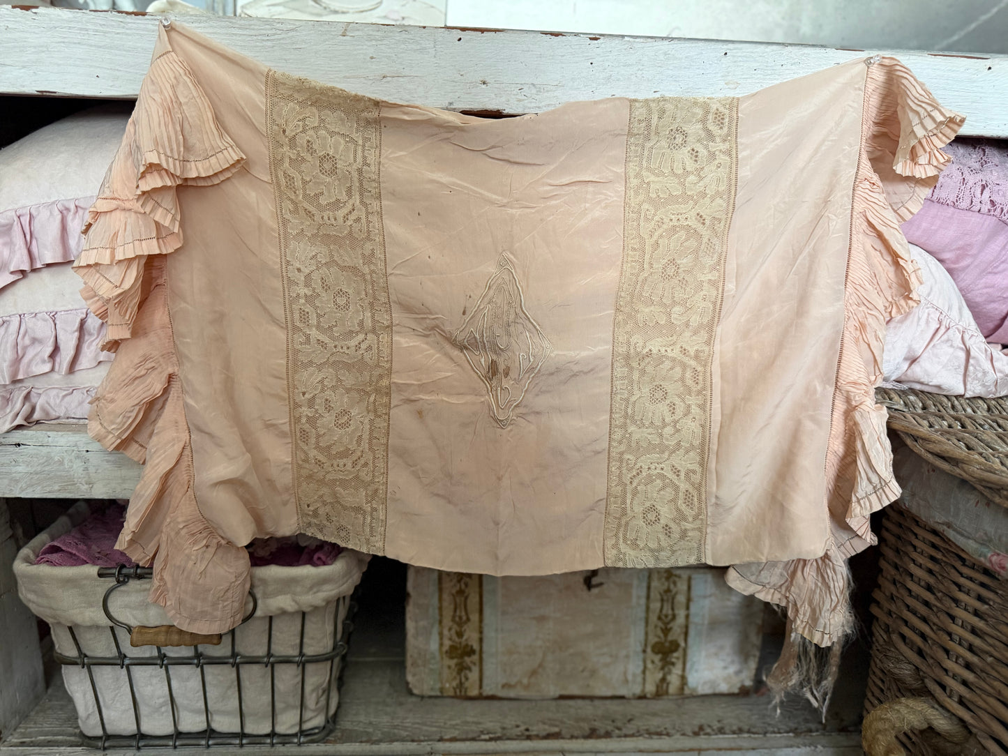 Antique Pink Silk Lace Monogram Ruffled Pillow Sham