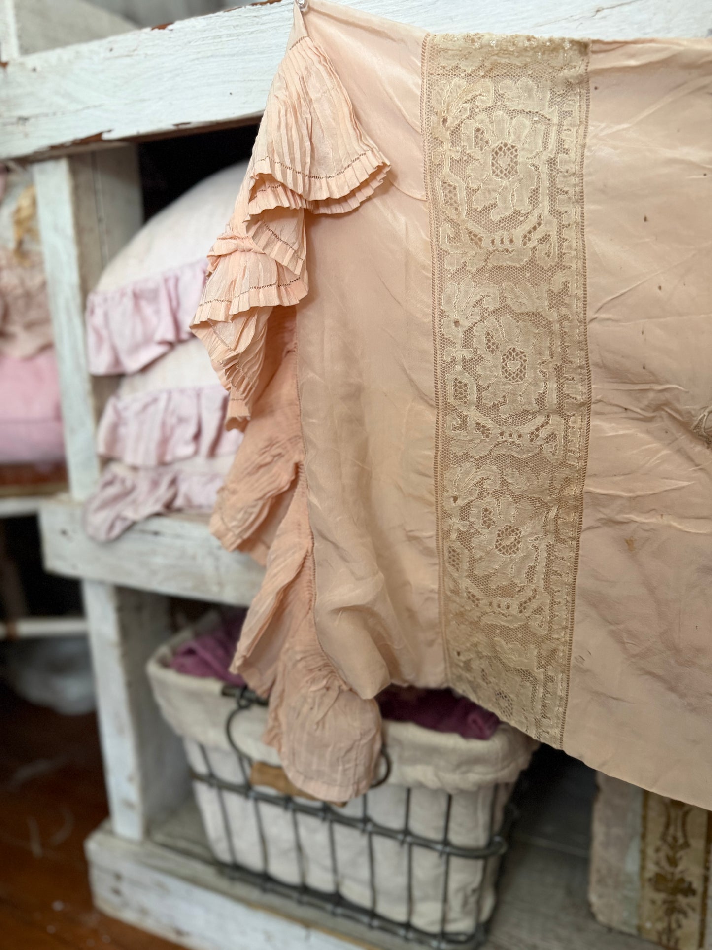 Antique Pink Silk Lace Monogram Ruffled Pillow Sham