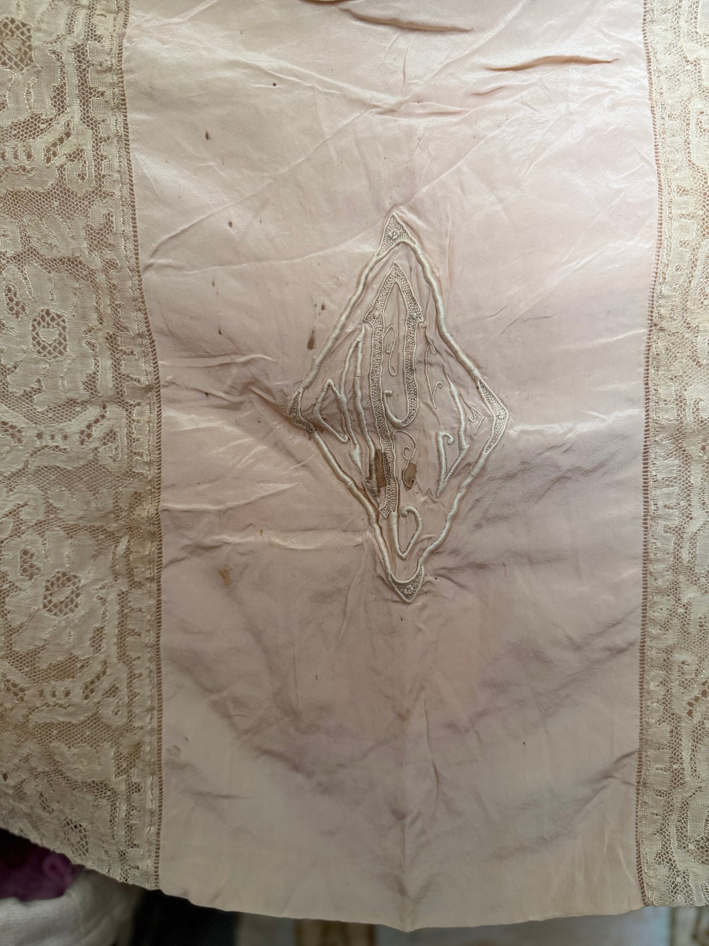 Antique Pink Silk Lace Monogram Ruffled Pillow Sham