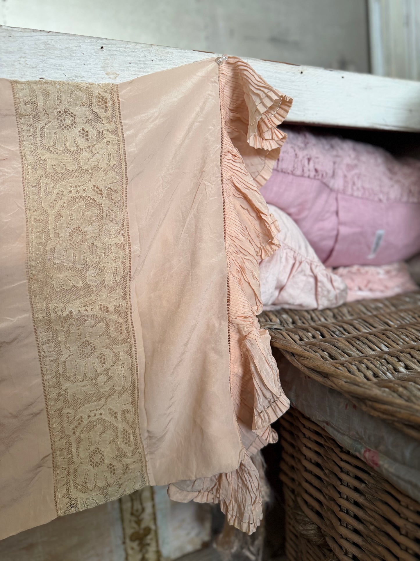 Antique Pink Silk Lace Monogram Ruffled Pillow Sham