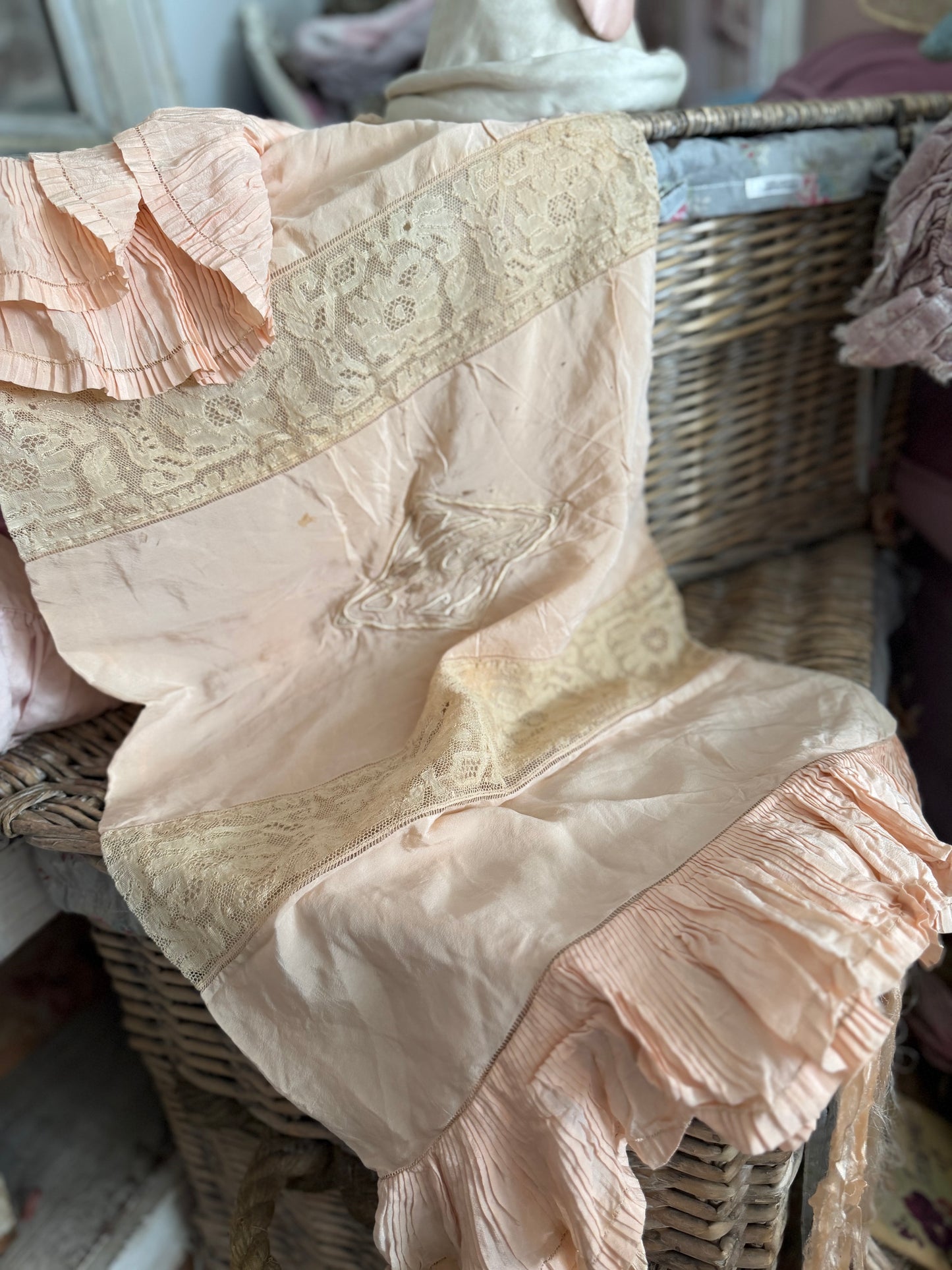 Antique Pink Silk Lace Monogram Ruffled Pillow Sham