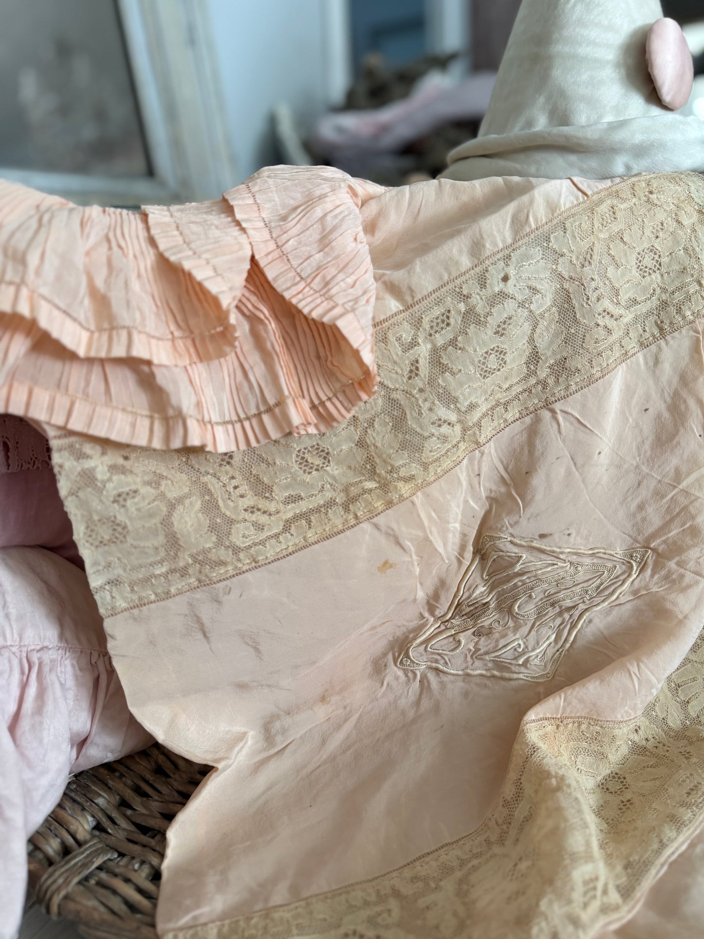 Antique Pink Silk Lace Monogram Ruffled Pillow Sham