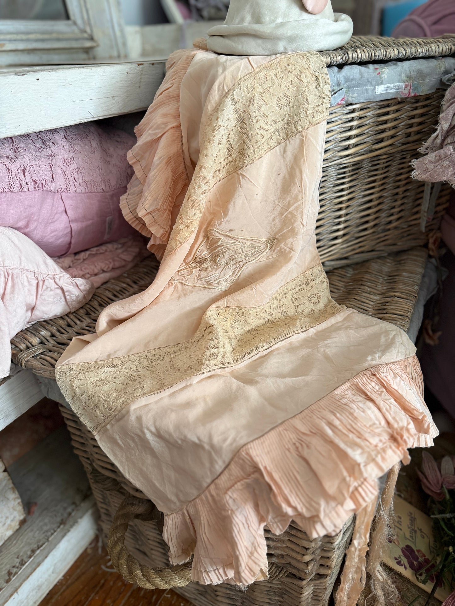 Antique Pink Silk Lace Monogram Ruffled Pillow Sham