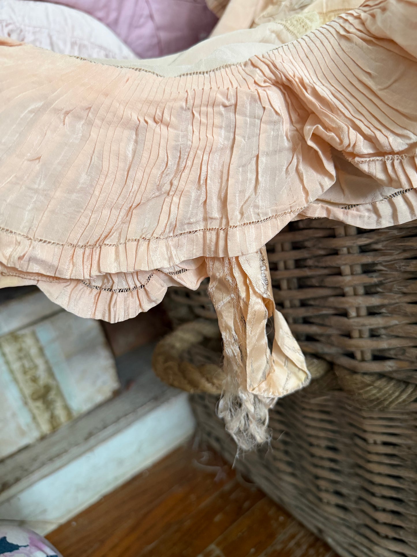 Antique Pink Silk Lace Monogram Ruffled Pillow Sham