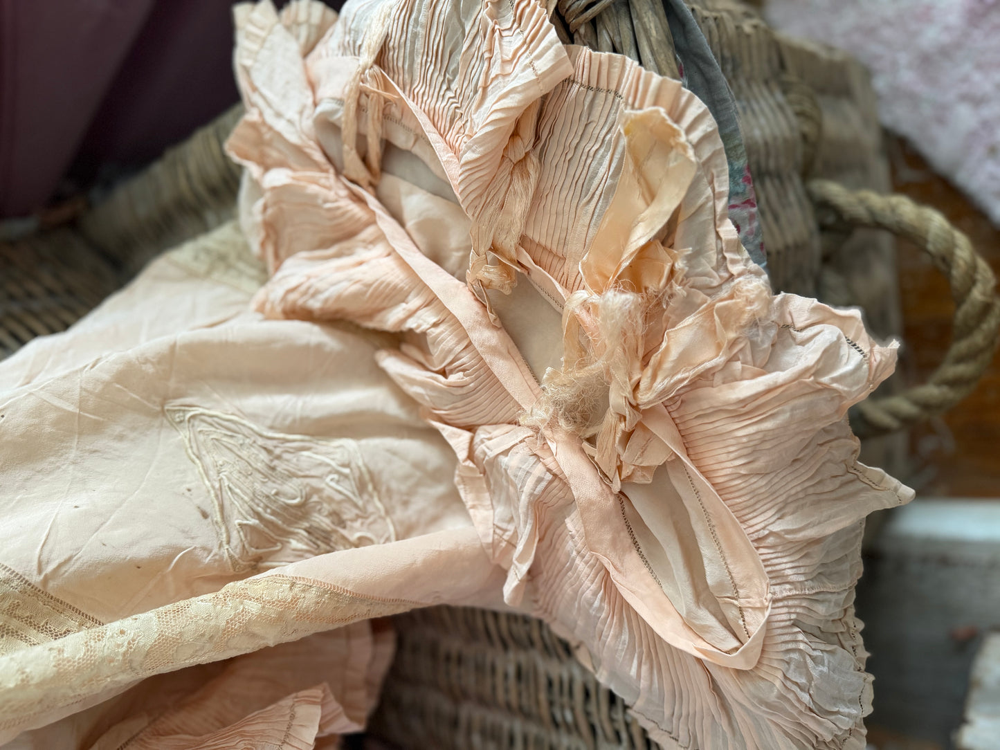 Antique Pink Silk Lace Monogram Ruffled Pillow Sham
