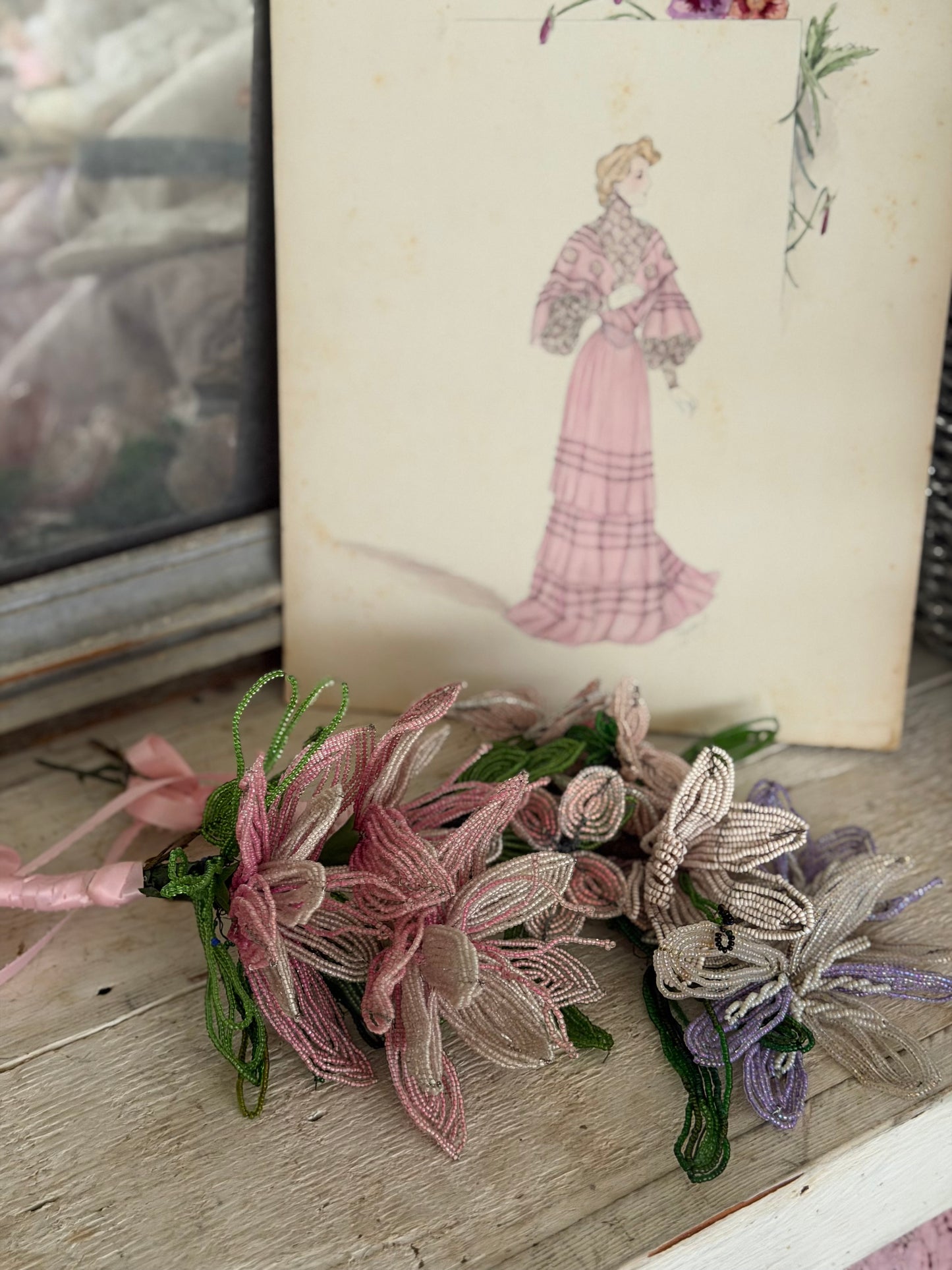 Antique French Beaded Pink Lavender Flower Bouquet