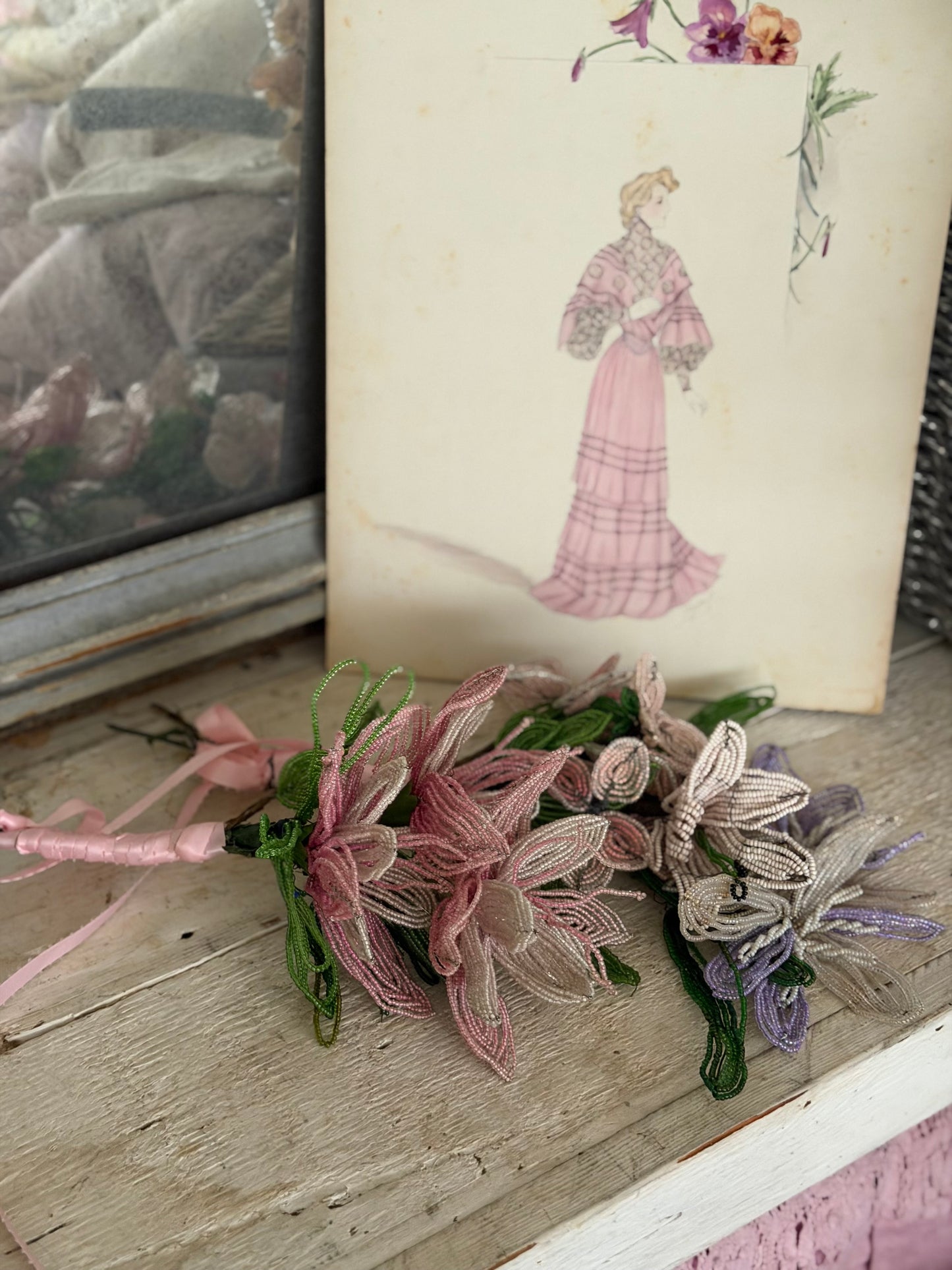 Antique French Beaded Pink Lavender Flower Bouquet