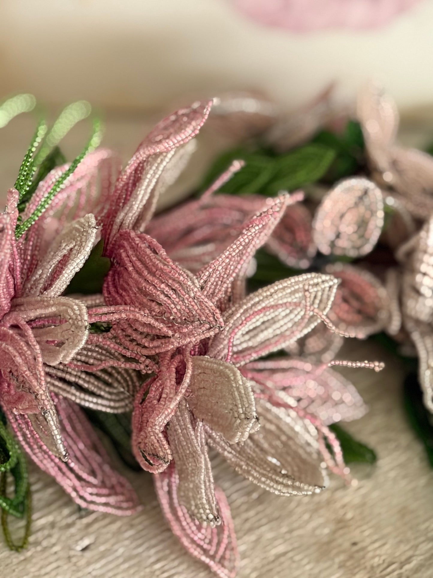Antique French Beaded Pink Lavender Flower Bouquet
