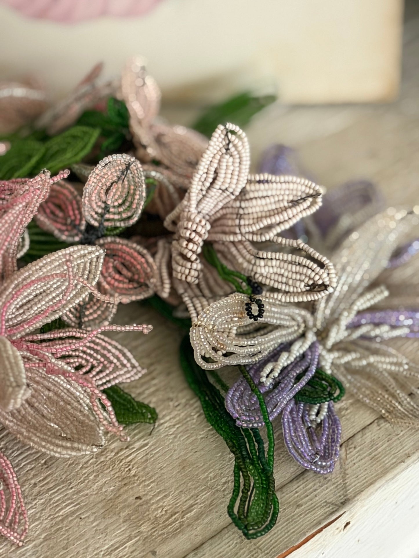Antique French Beaded Pink Lavender Flower Bouquet