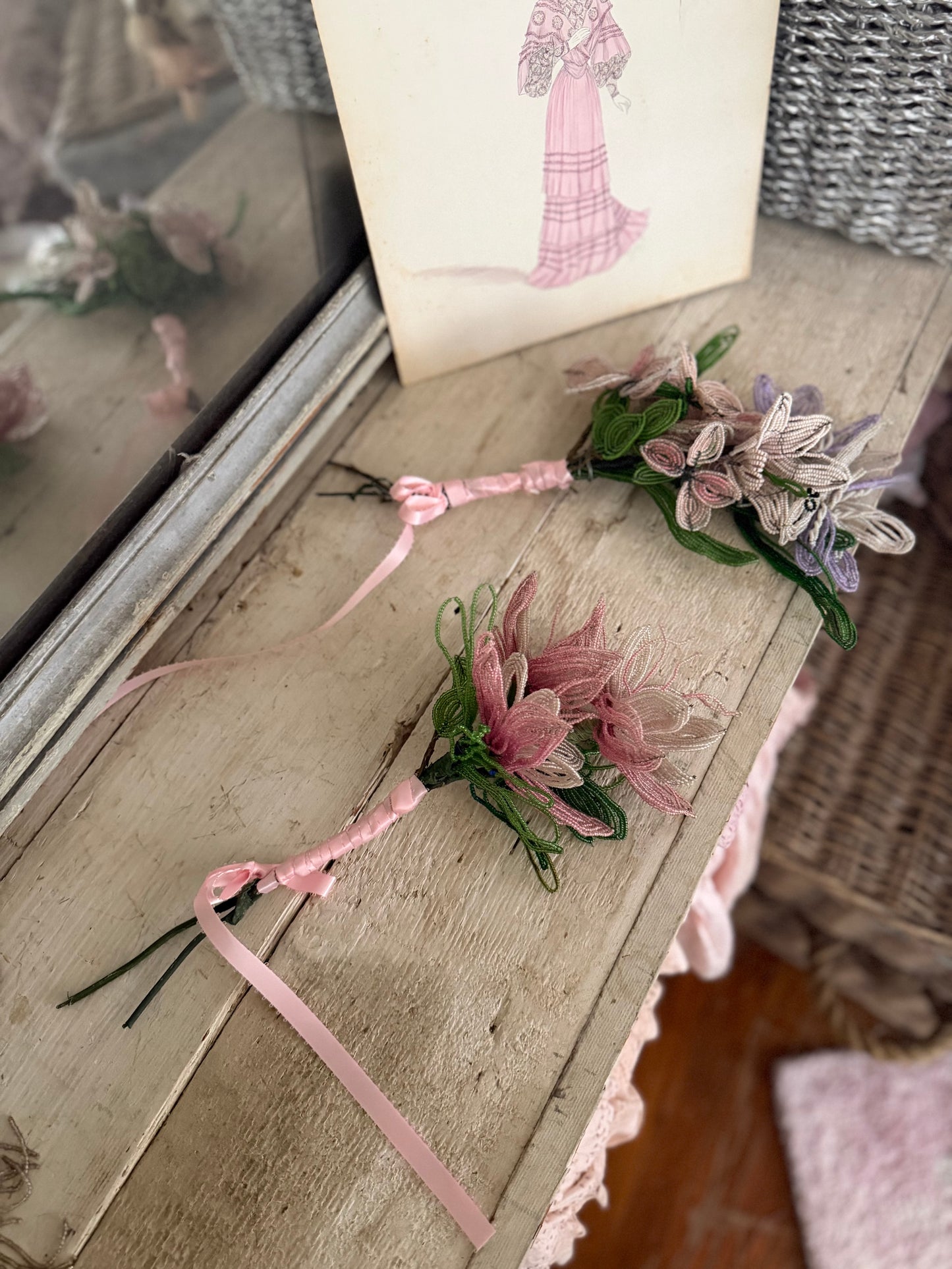 Antique French Beaded Pink Lavender Flower Bouquet