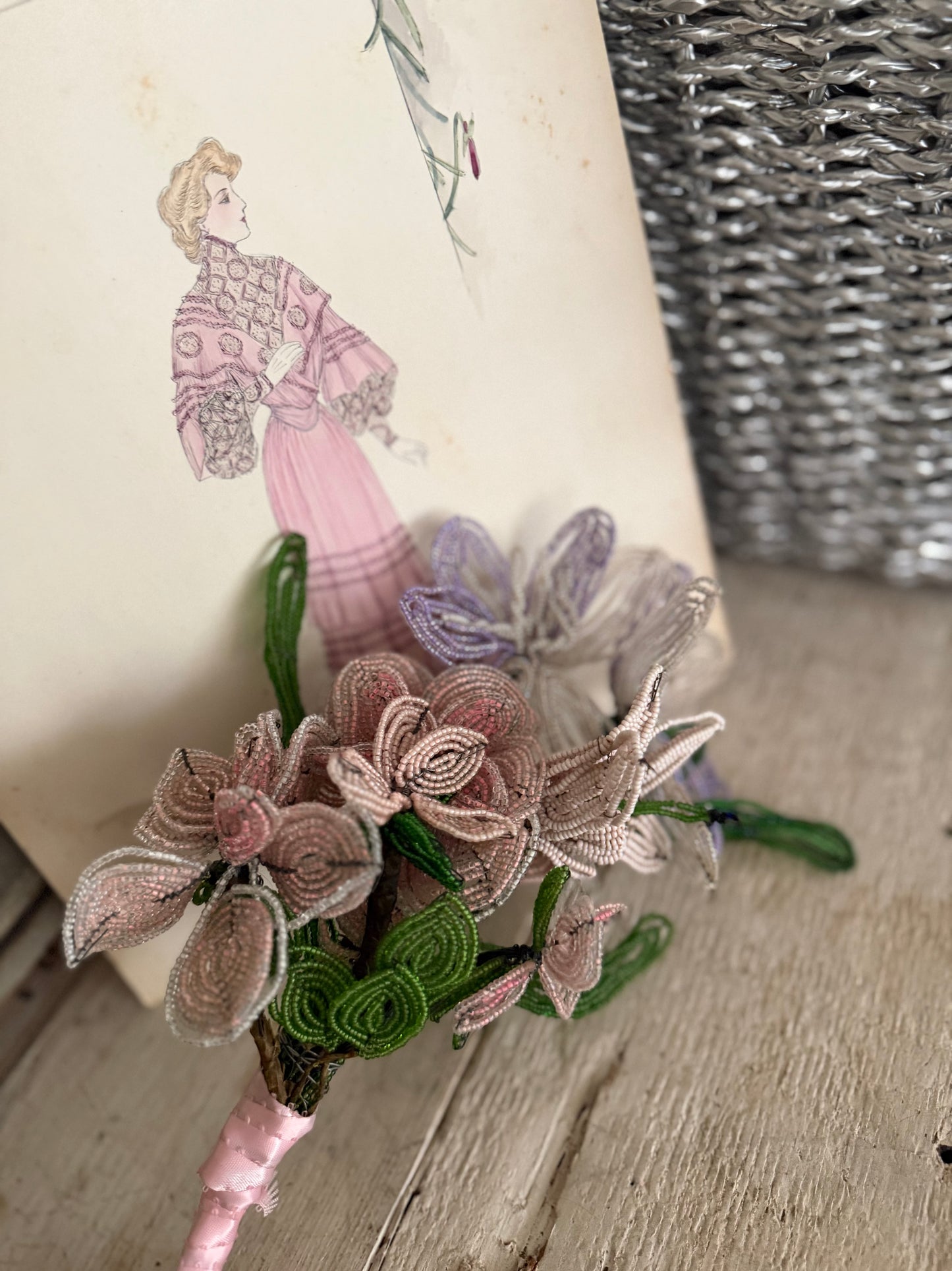 Antique French Beaded Pink Lavender Flower Bouquet