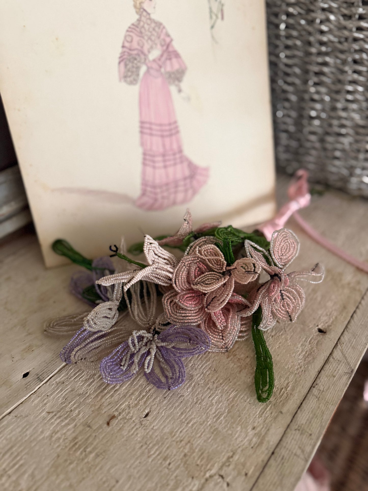 Antique French Beaded Pink Lavender Flower Bouquet