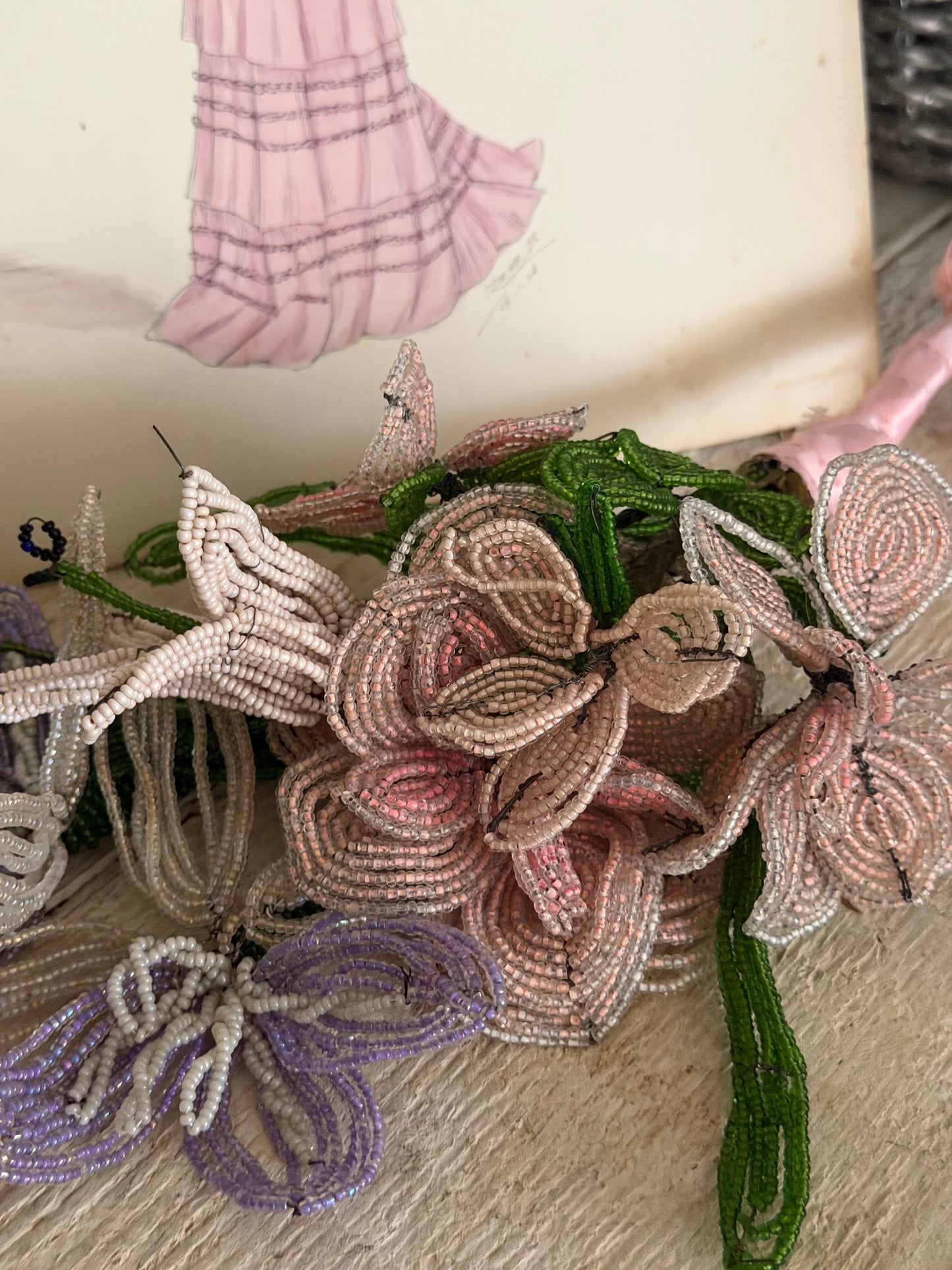 Antique French Beaded Pink Lavender Flower Bouquet