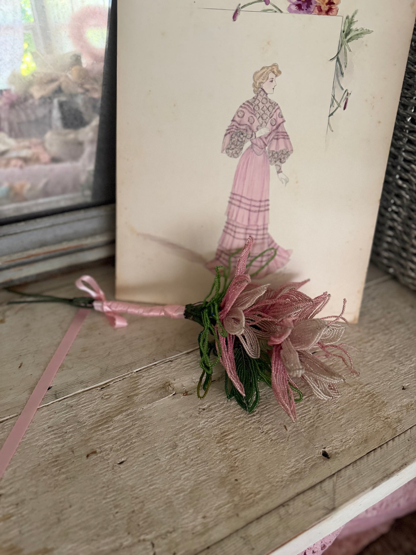 Antique French Beaded Pink Lavender Flower Bouquet