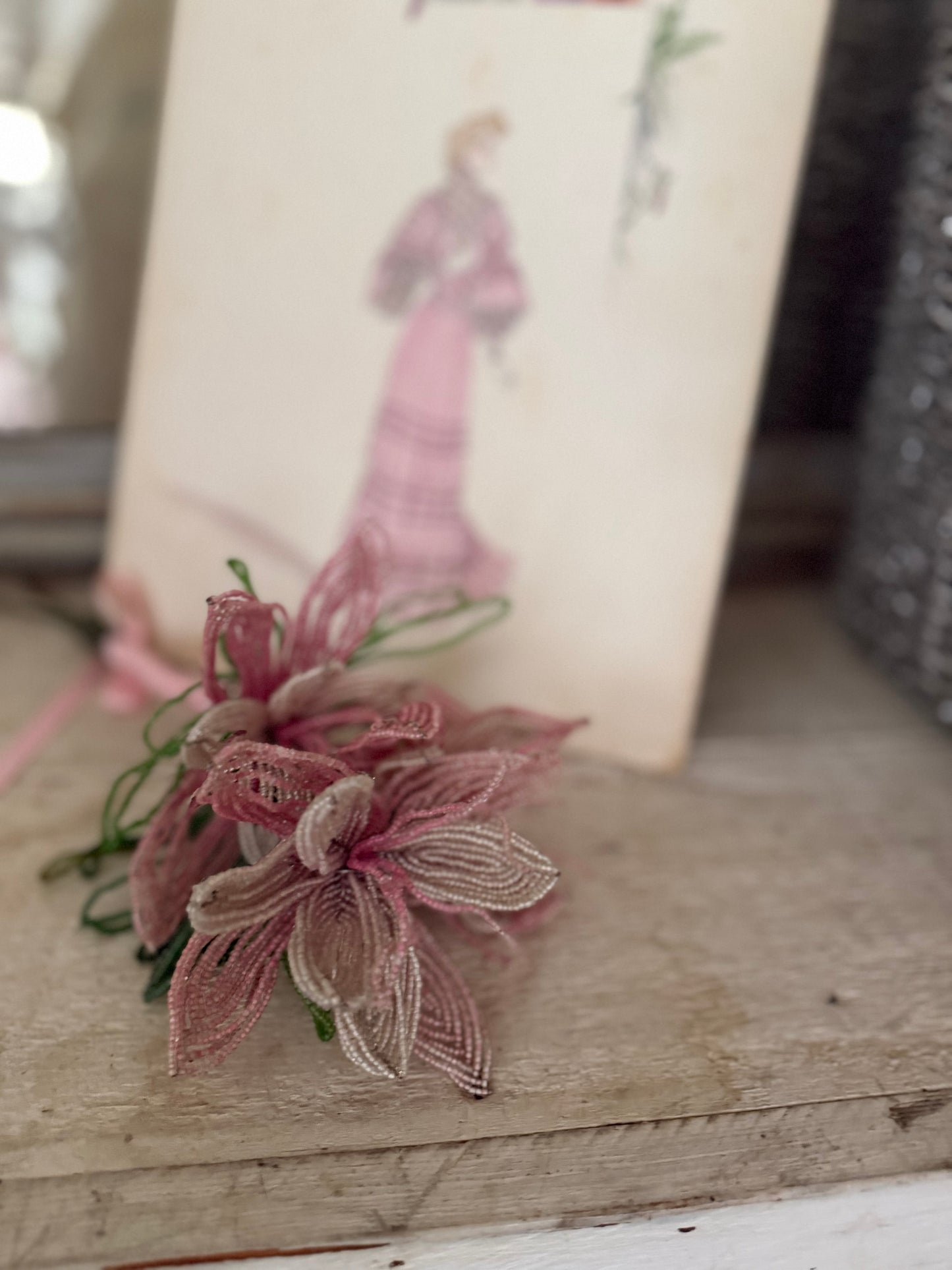 Antique French Beaded Pink Lavender Flower Bouquet