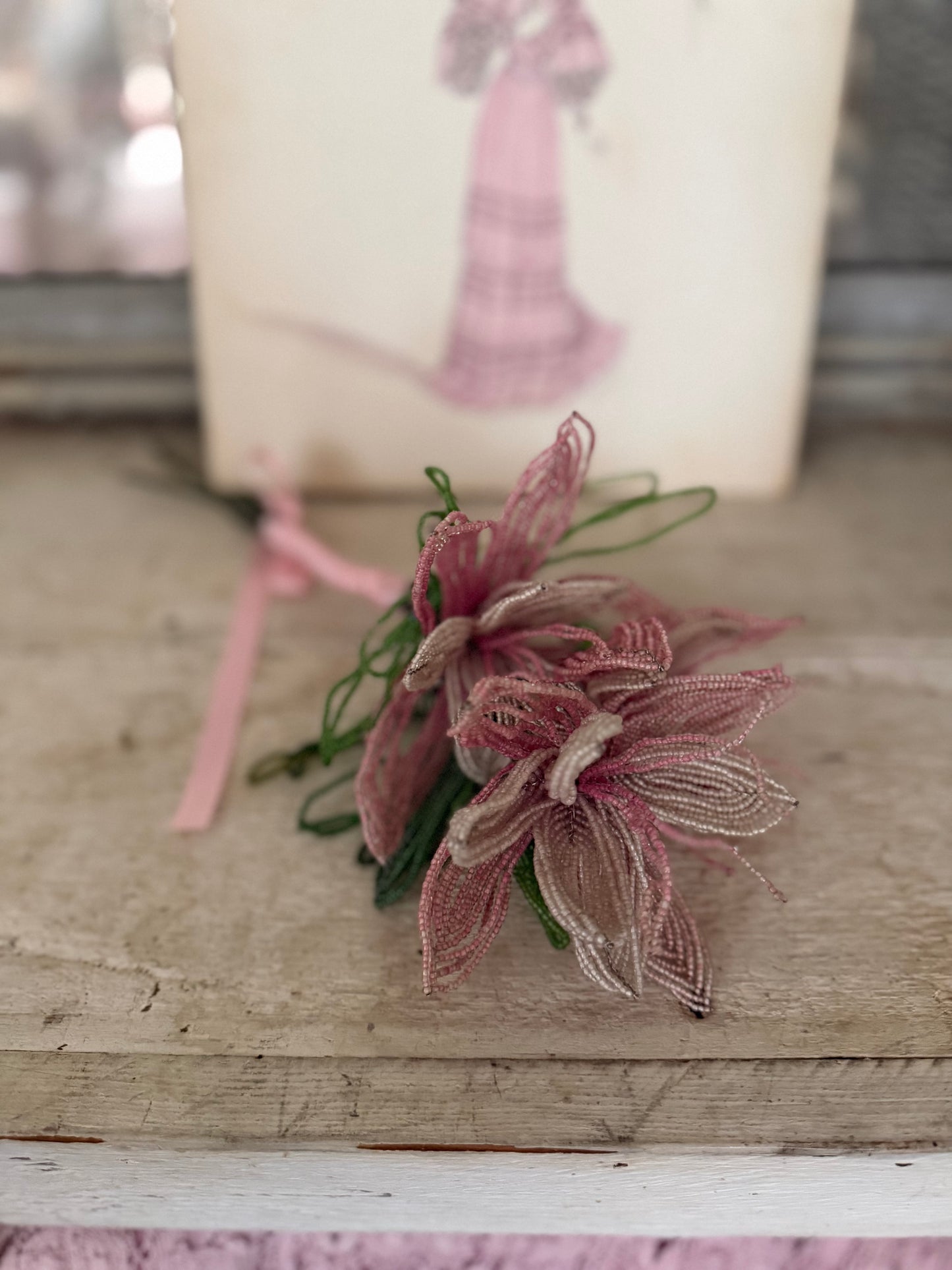 Antique French Beaded Pink Lavender Flower Bouquet
