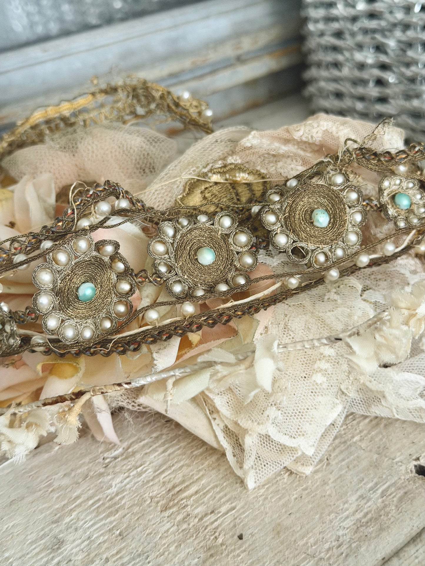 Antique 1920's Egyptian Revival Gold Metallic Beaded Headpiece