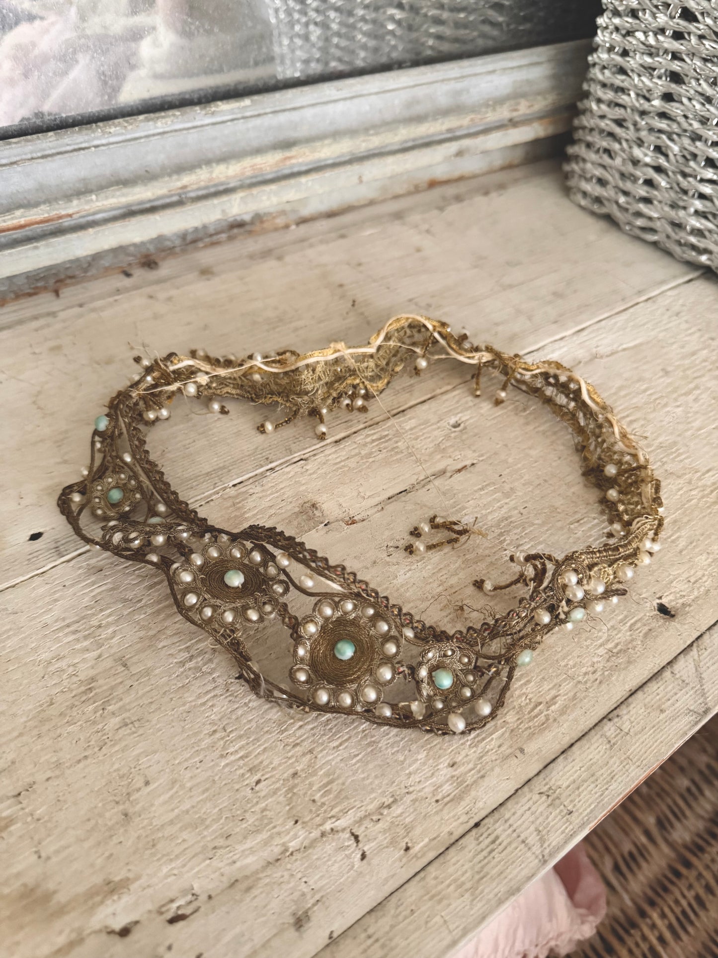 Antique 1920's Egyptian Revival Gold Metallic Beaded Headpiece