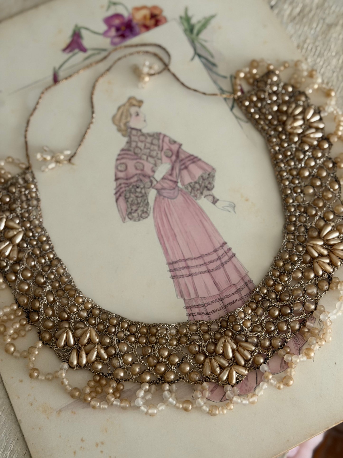 Antique 1920s Faux Pearl Beaded Silver Lame Necklace