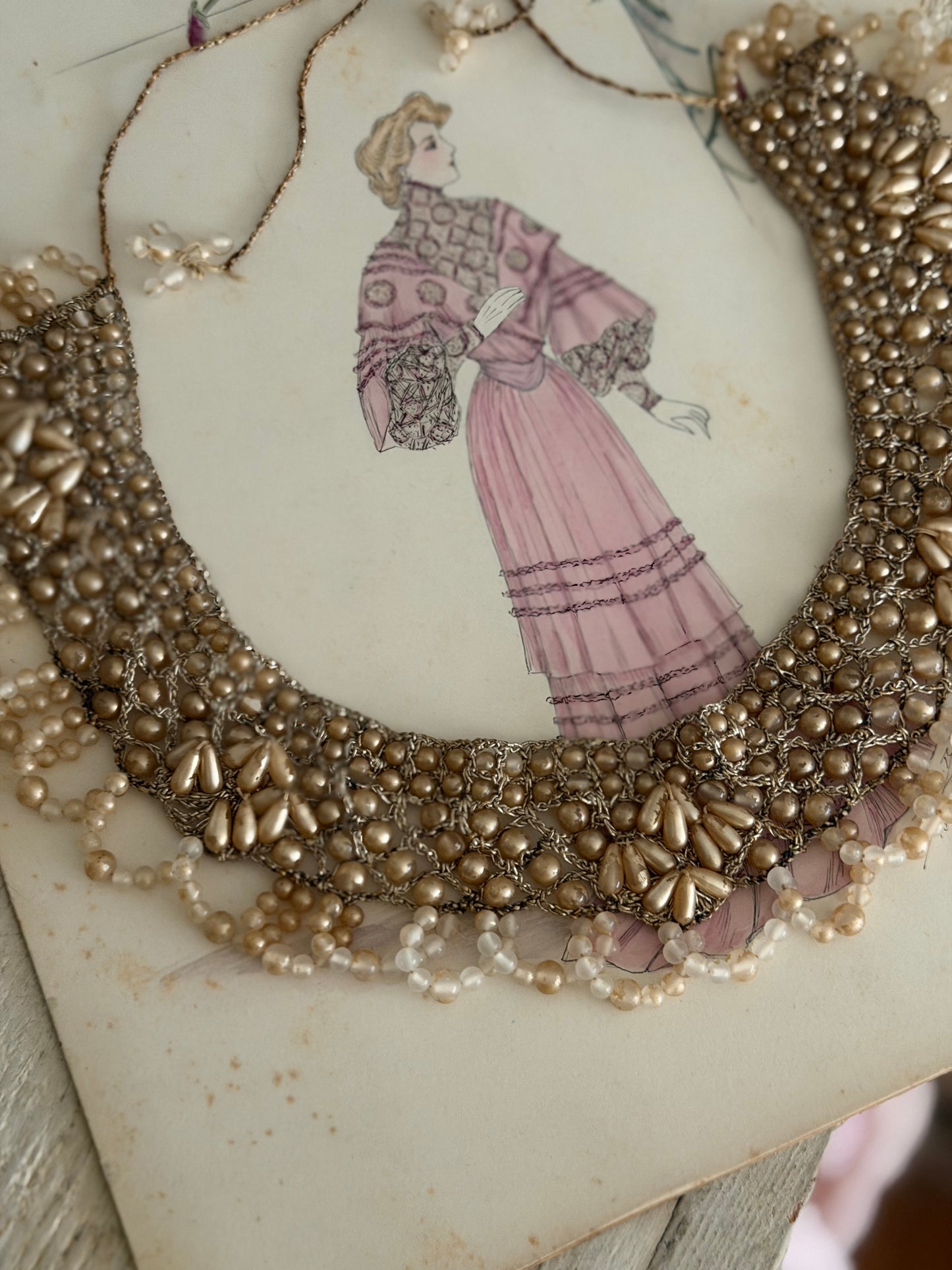 Antique 1920s Faux Pearl Beaded Silver Lame Necklace