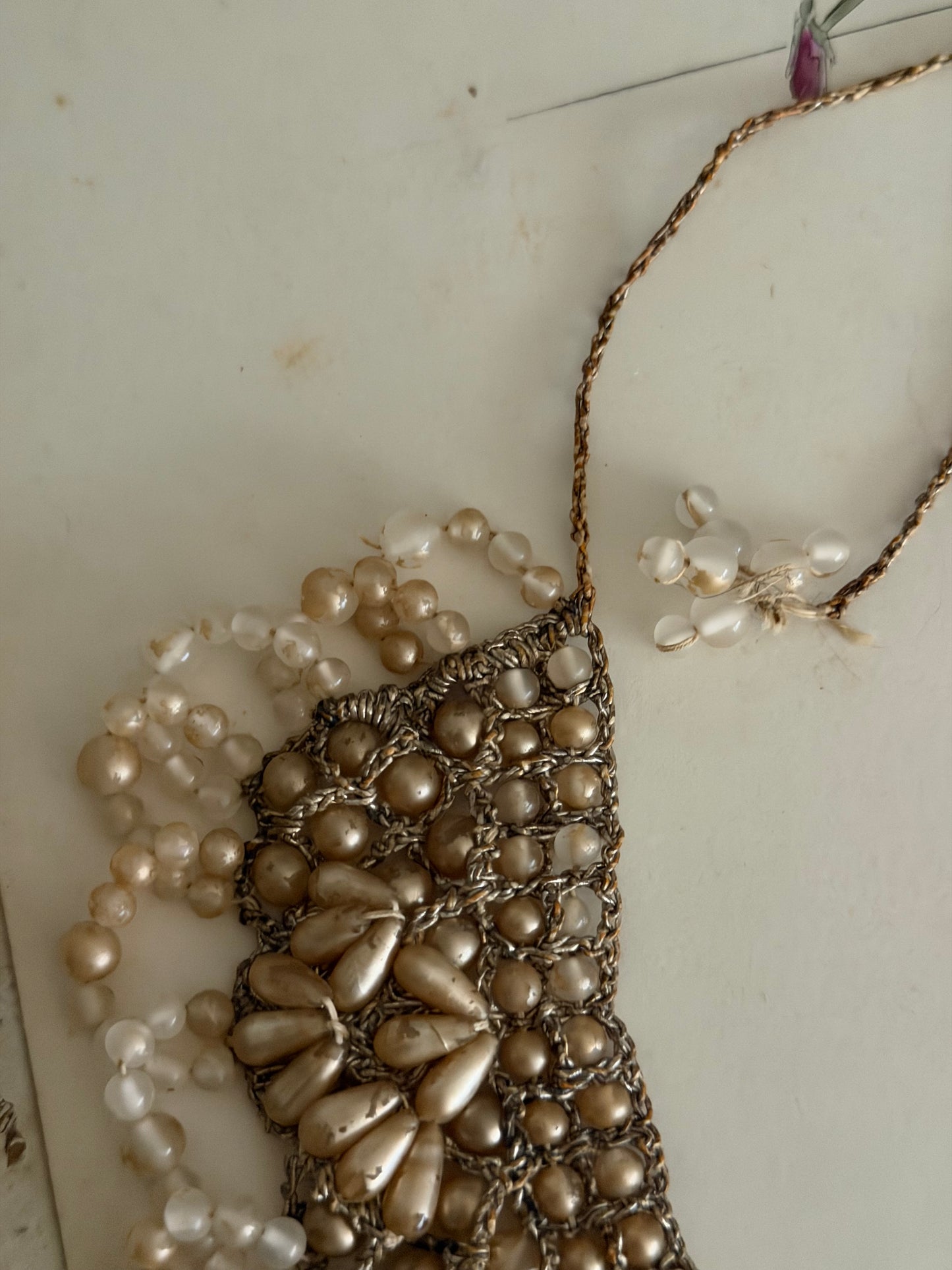 Antique 1920s Faux Pearl Beaded Silver Lame Necklace