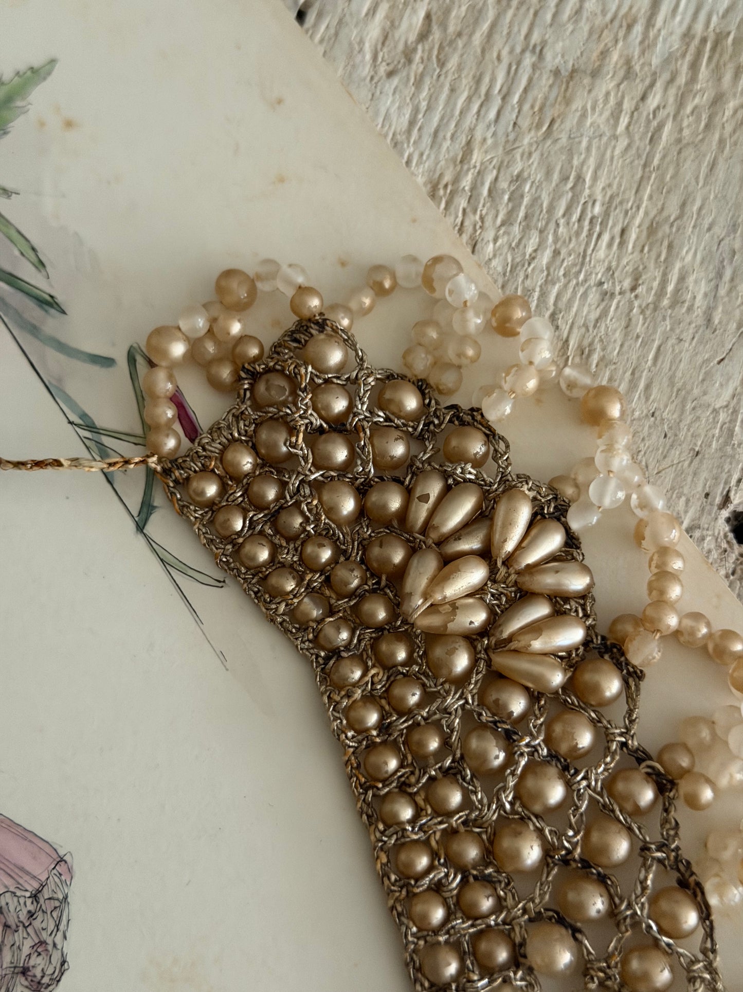 Antique 1920s Faux Pearl Beaded Silver Lame Necklace