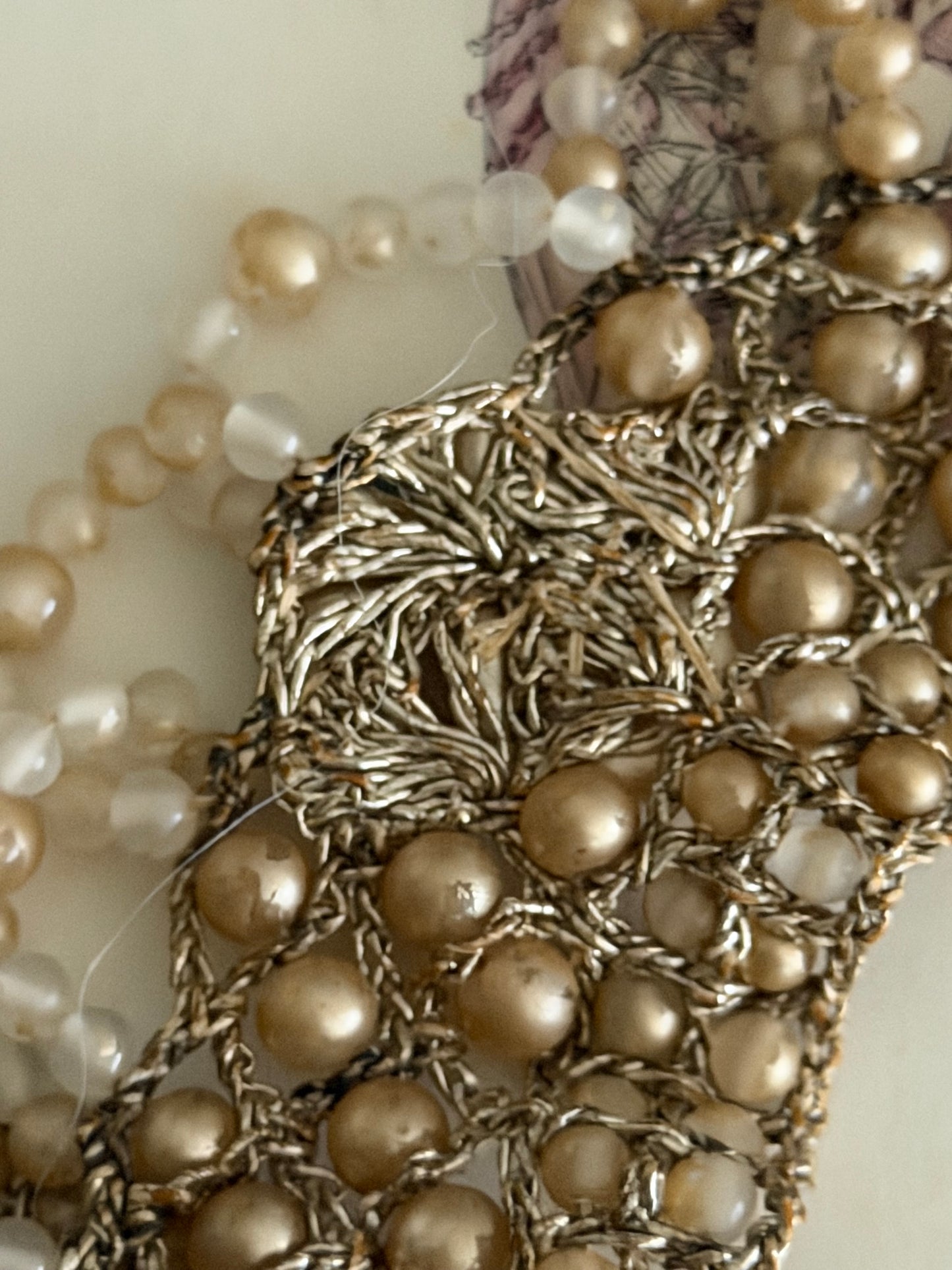 Antique 1920s Faux Pearl Beaded Silver Lame Necklace