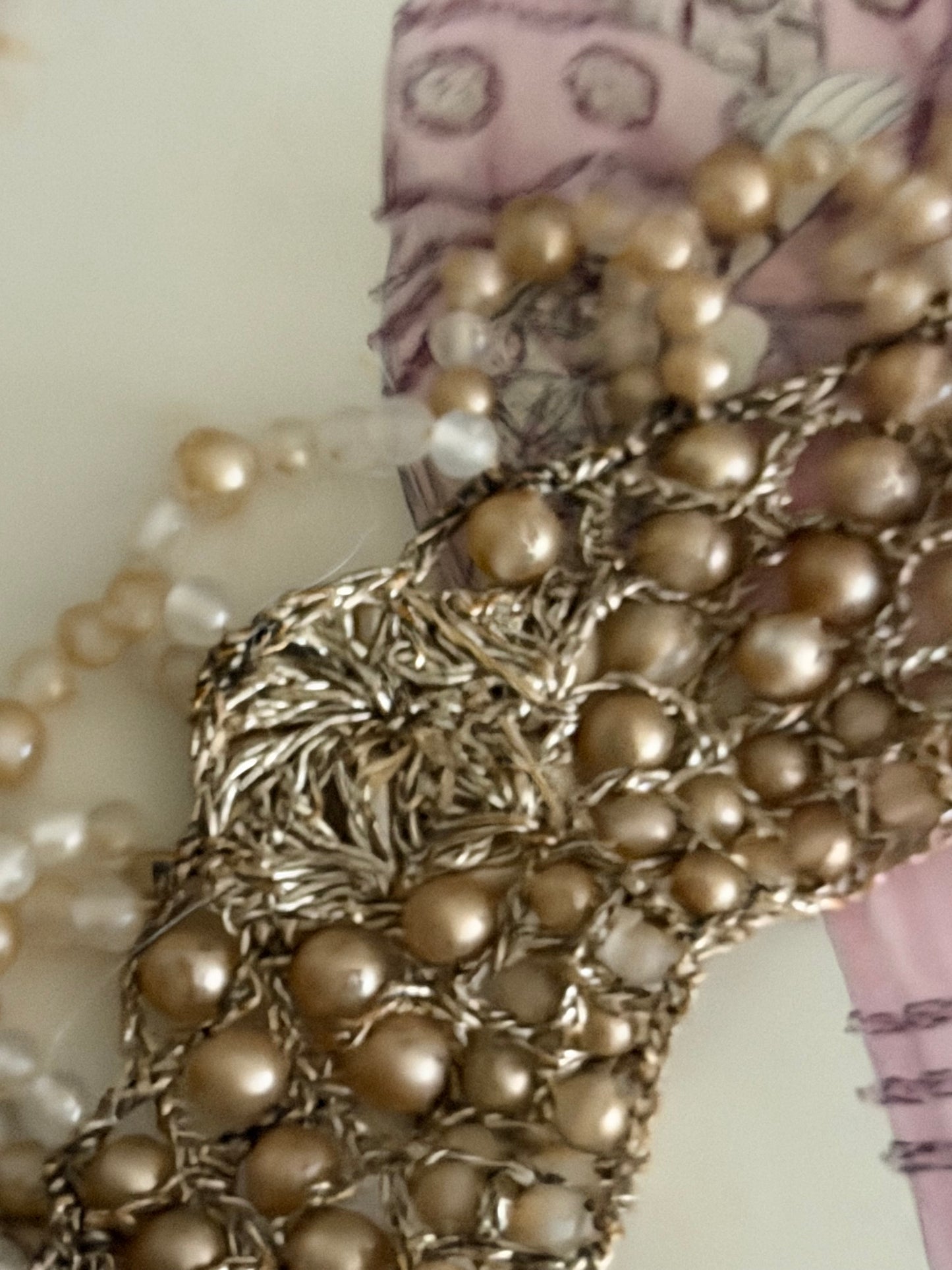 Antique 1920s Faux Pearl Beaded Silver Lame Necklace