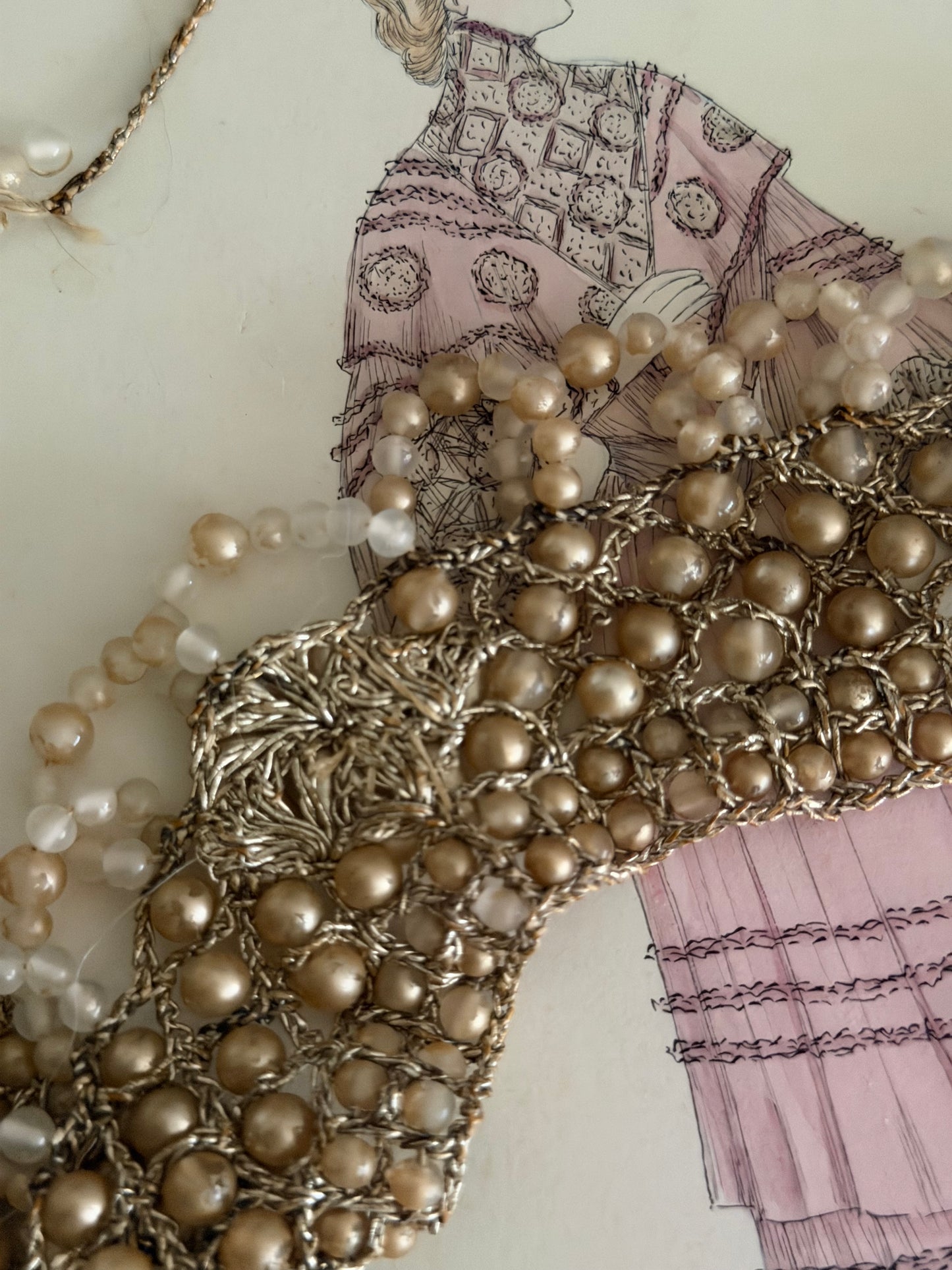Antique 1920s Faux Pearl Beaded Silver Lame Necklace