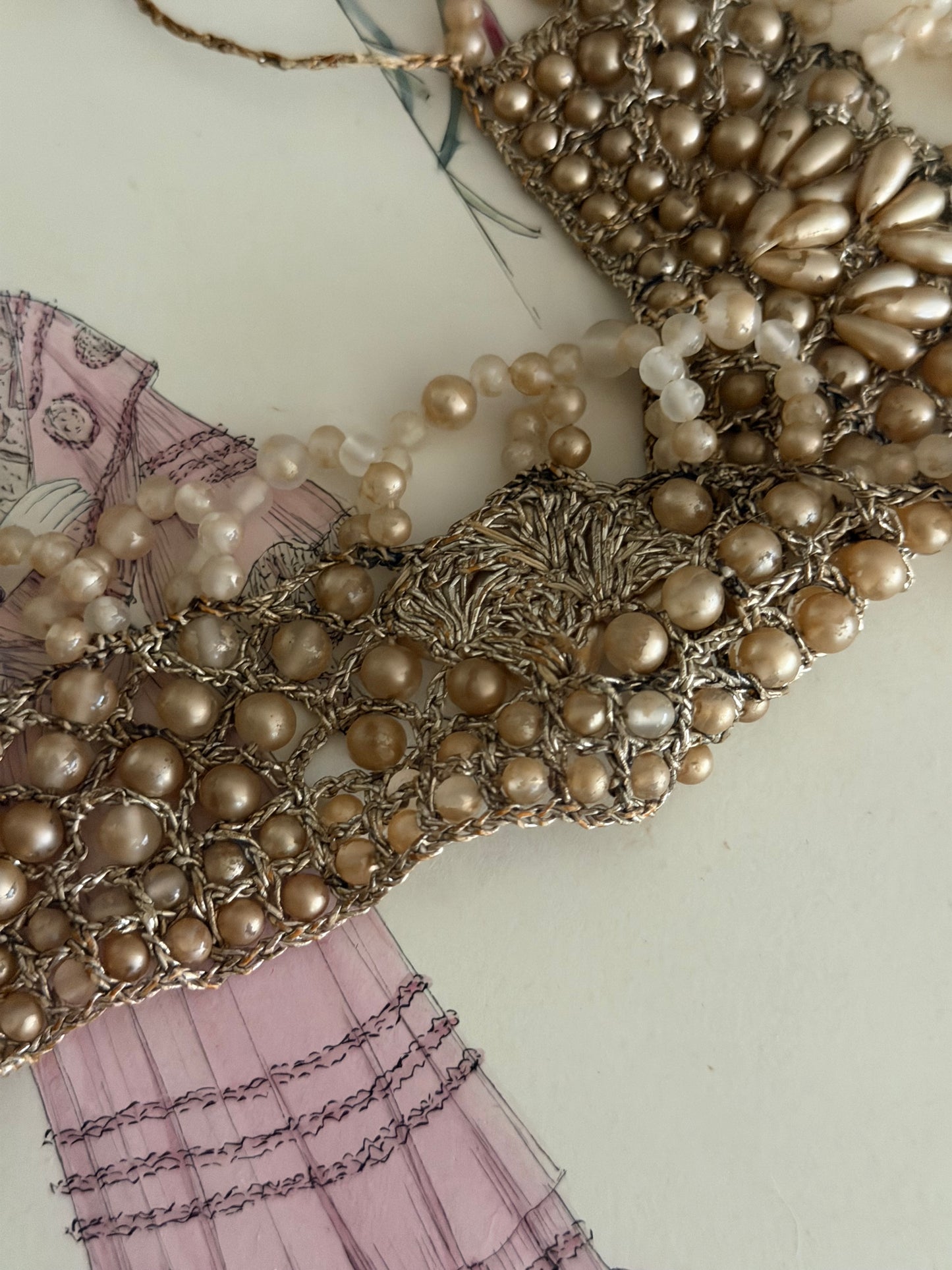Antique 1920s Faux Pearl Beaded Silver Lame Necklace