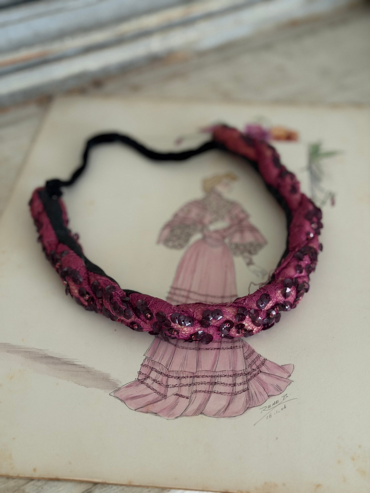 Vintage Maroon Lace Showgirl Costume Headband