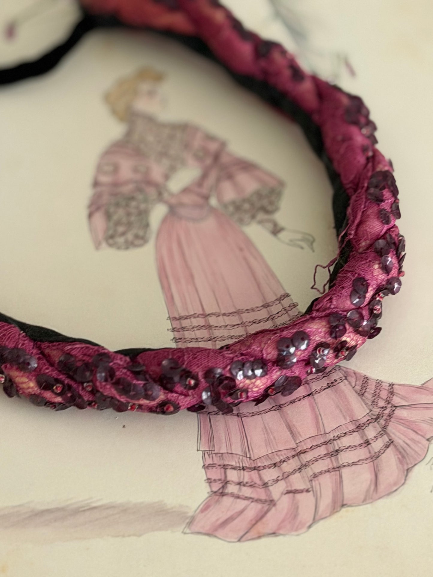 Vintage Maroon Lace Showgirl Costume Headband