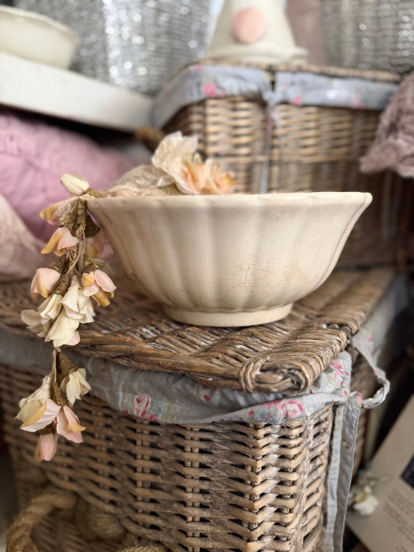 XL Antique 19th C Timeworn Ironstone Bowl