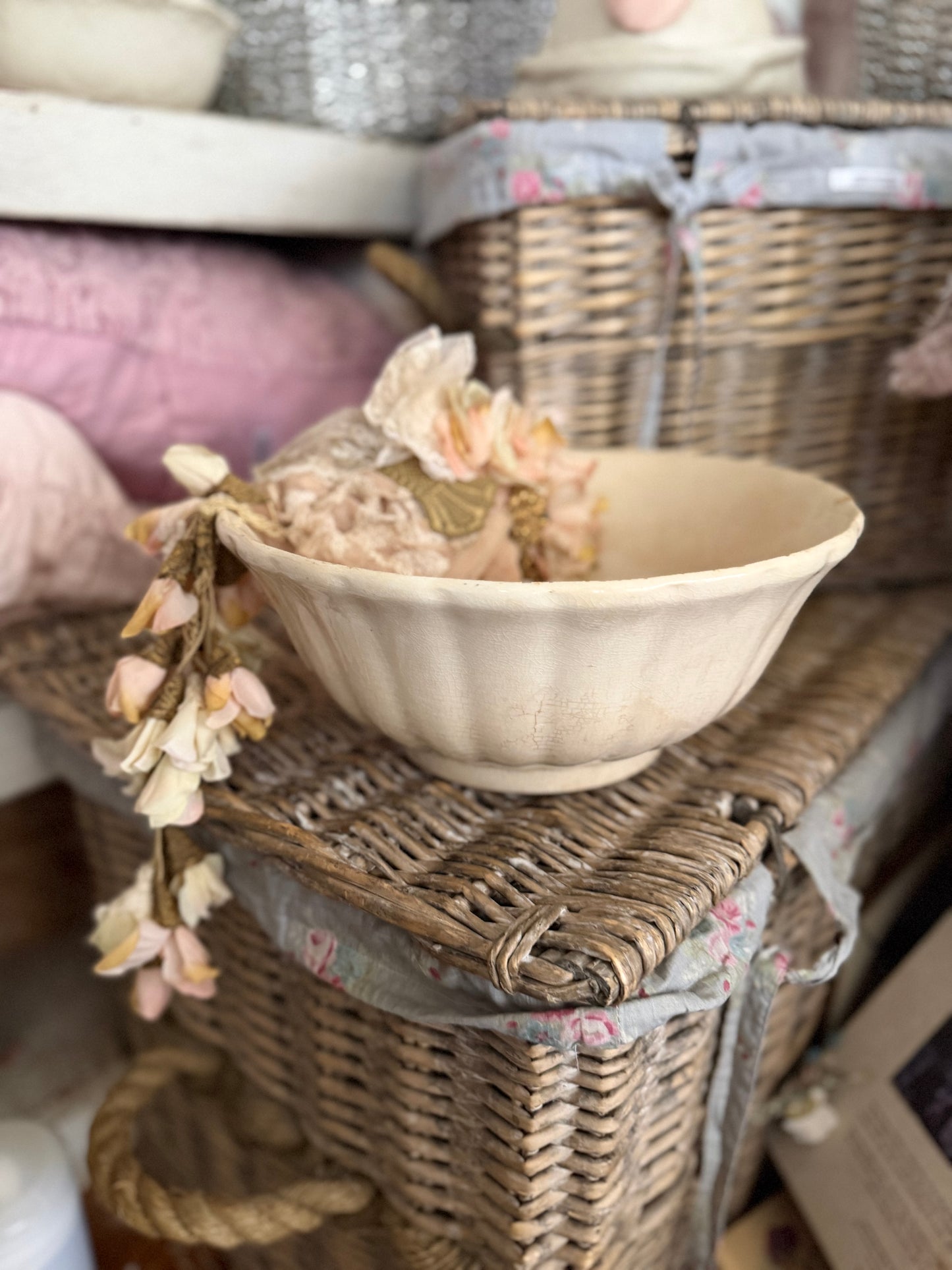 XL Antique 19th C Timeworn Ironstone Bowl