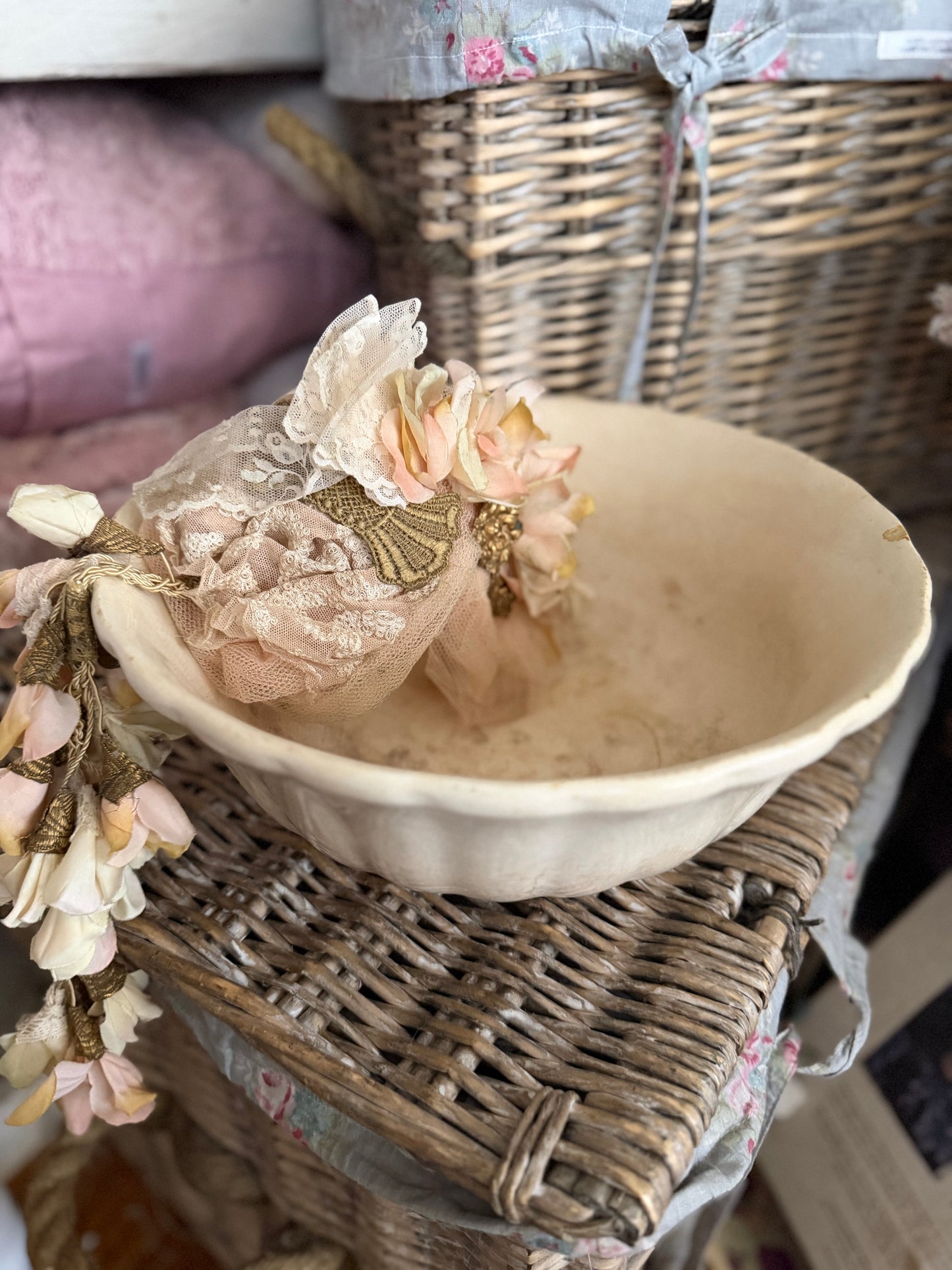 XL Antique 19th C Timeworn Ironstone Bowl
