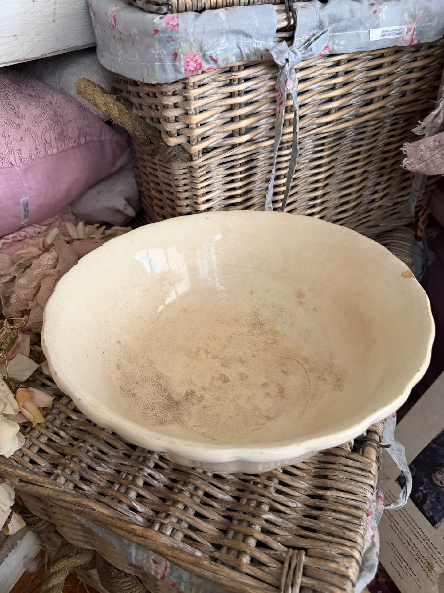 XL Antique 19th C Timeworn Ironstone Bowl